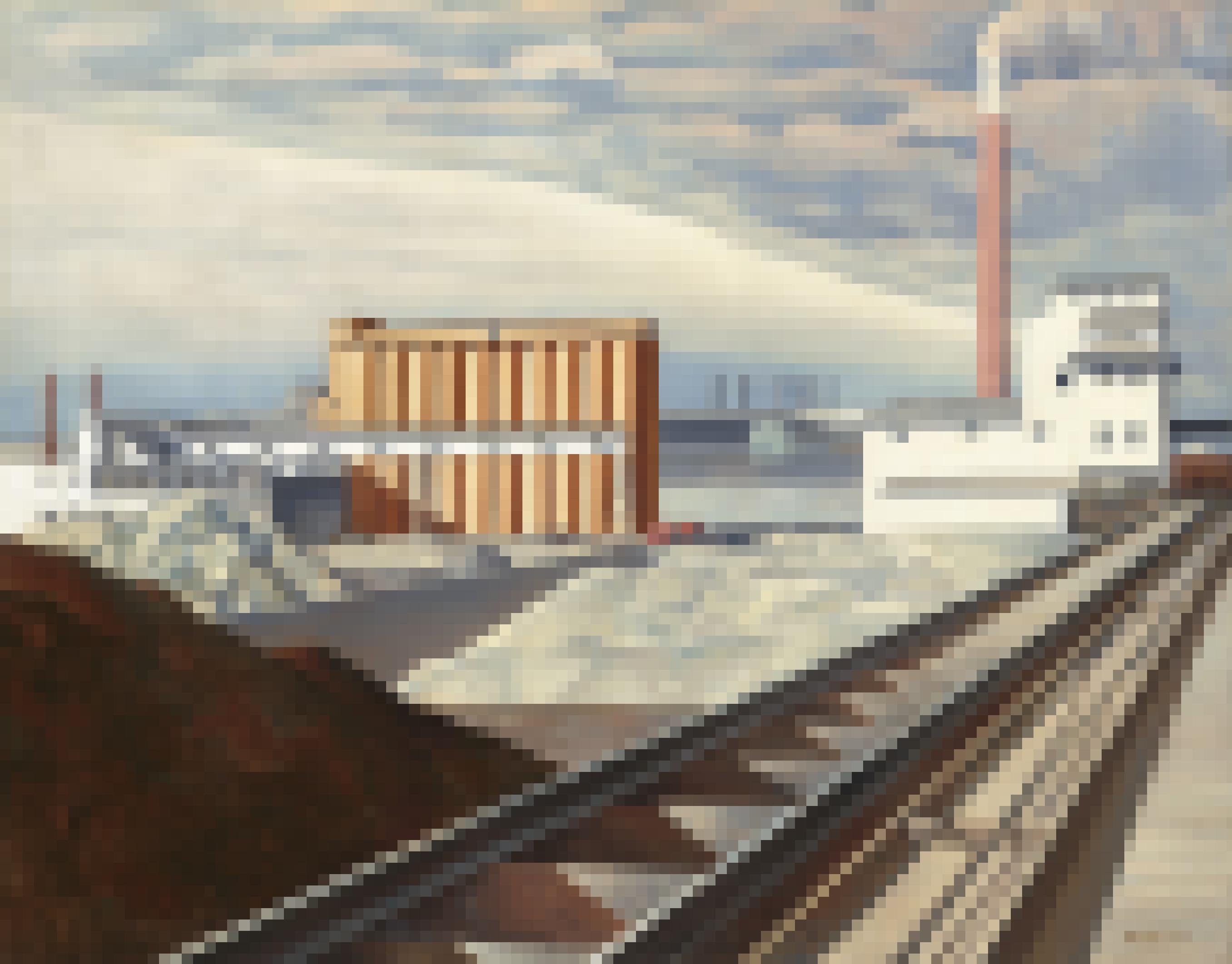Ein Gemälde, das penibel genau gemalt, eine Fabrik mit rauchendem Schornstein zeigt.