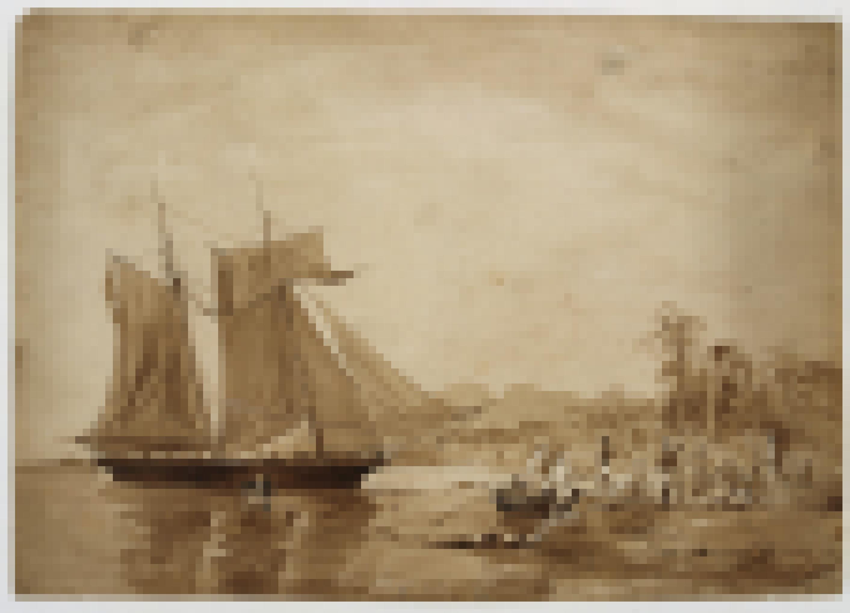 Die Abbildung zeigt eine getuschte Zeichnung. Zu erkennen ist ein Segelboot vor dem Strand mit Palmen und Menschen, die in ein Ruderboot am Strand einsteigen.