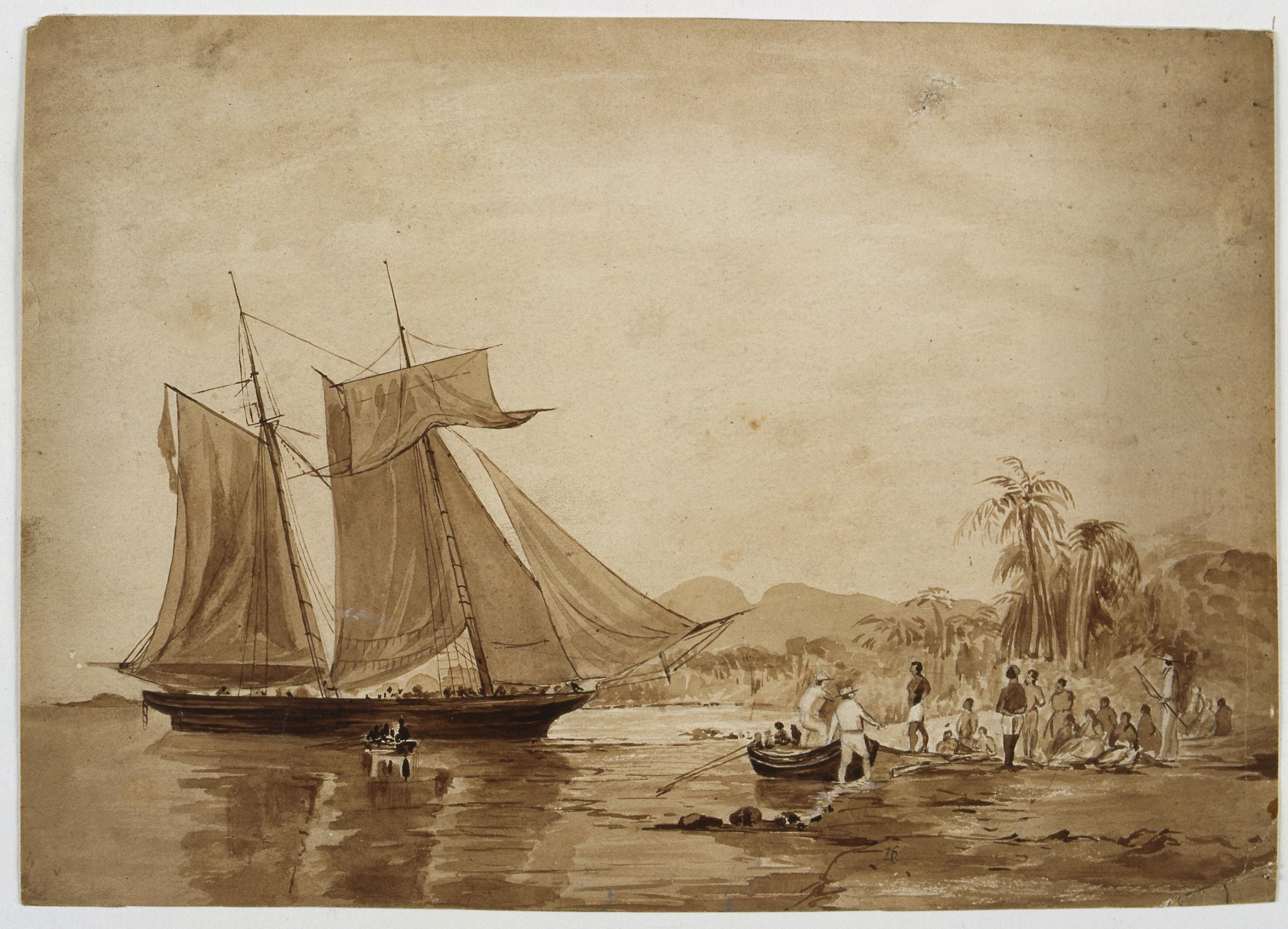 Die Abbildung zeigt eine getuschte Zeichnung. Zu erkennen ist ein Segelboot vor dem Strand mit Palmen und Menschen, die in ein Ruderboot am Strand einsteigen.