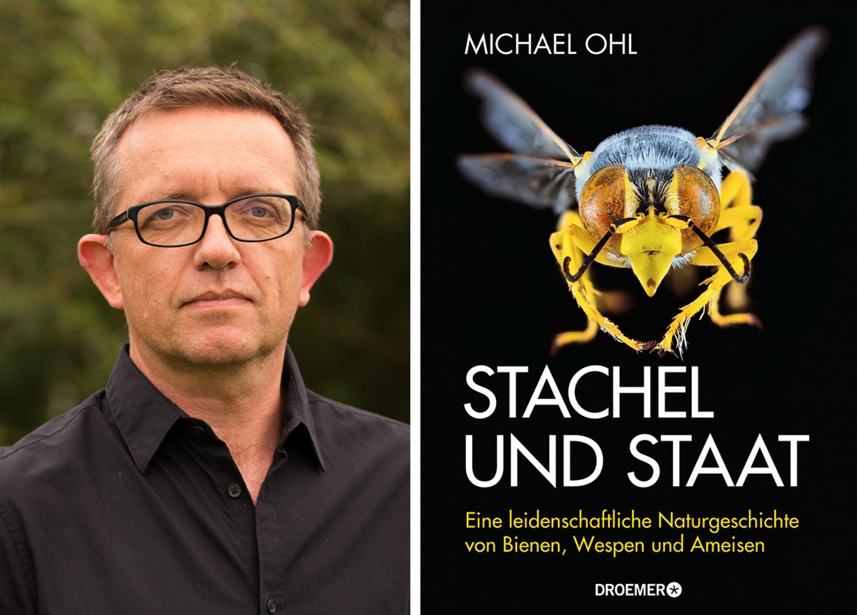 Portrait von Michael Ohl. Auf dem Titelbild von „Stachel und Staat“ schaut vor schwarzem Hintergrund eine Wespe den Leser an.