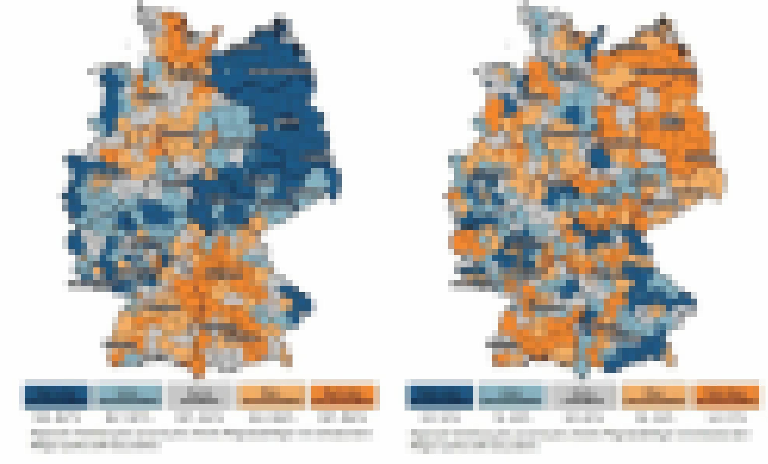 Auf zwei Karten ist zu sehen, dass Tagespflege und vollstationäre Pflege regional sehr unterschiedlich in Anspruch genommen werden. In Ostdeutschland werden Pflegebedürftige selten in einem Pflegeheim versorgt, in den meisten bayerischen Städten und Landkreisen hingegen überdurchschnittlich häufig.