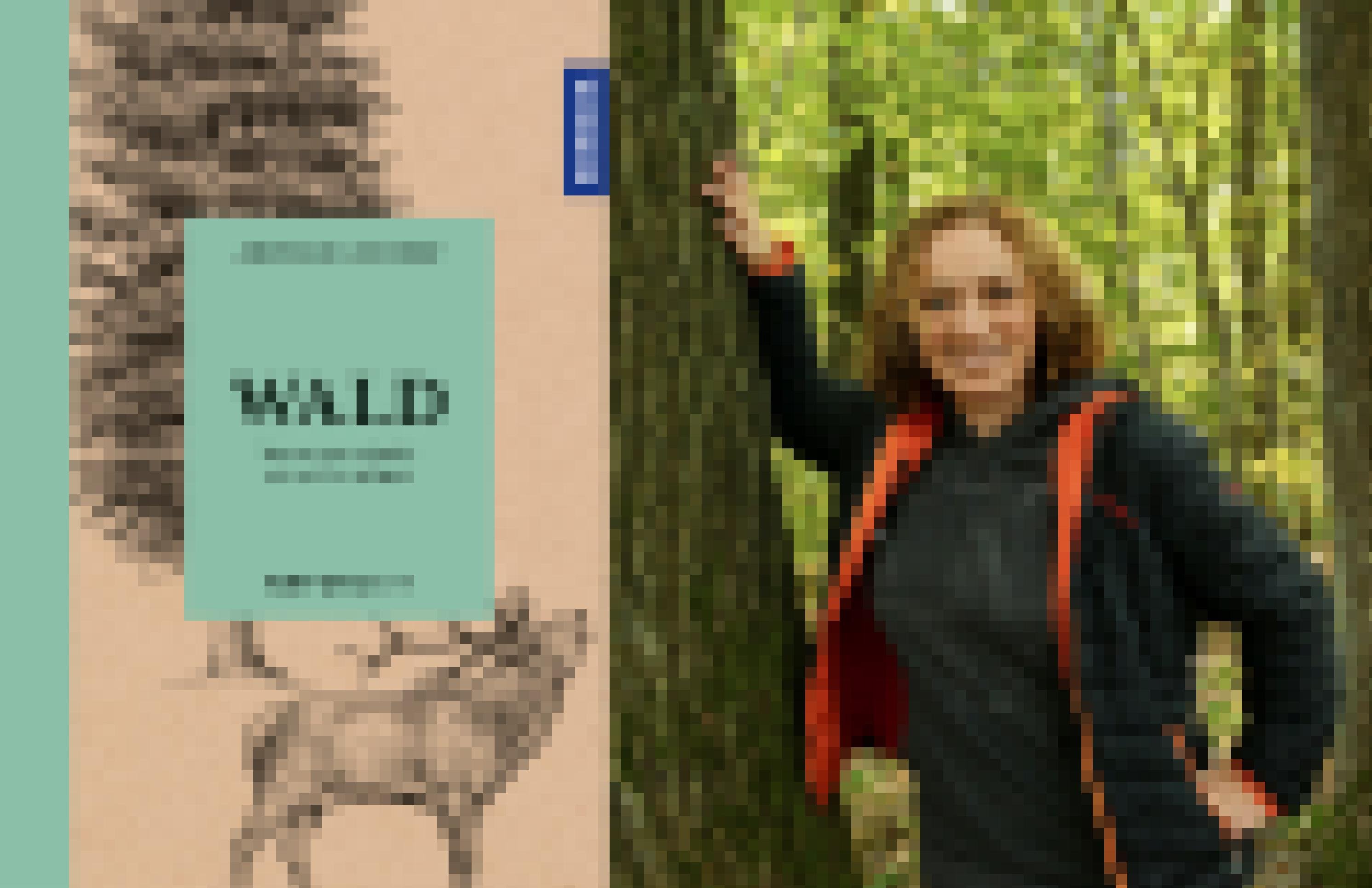 Links: Titelbild des Buches. Rechts: eine junge Frau mit dunklen Locken  bis zum Kinn lehnt im Wald an einen Baum.
