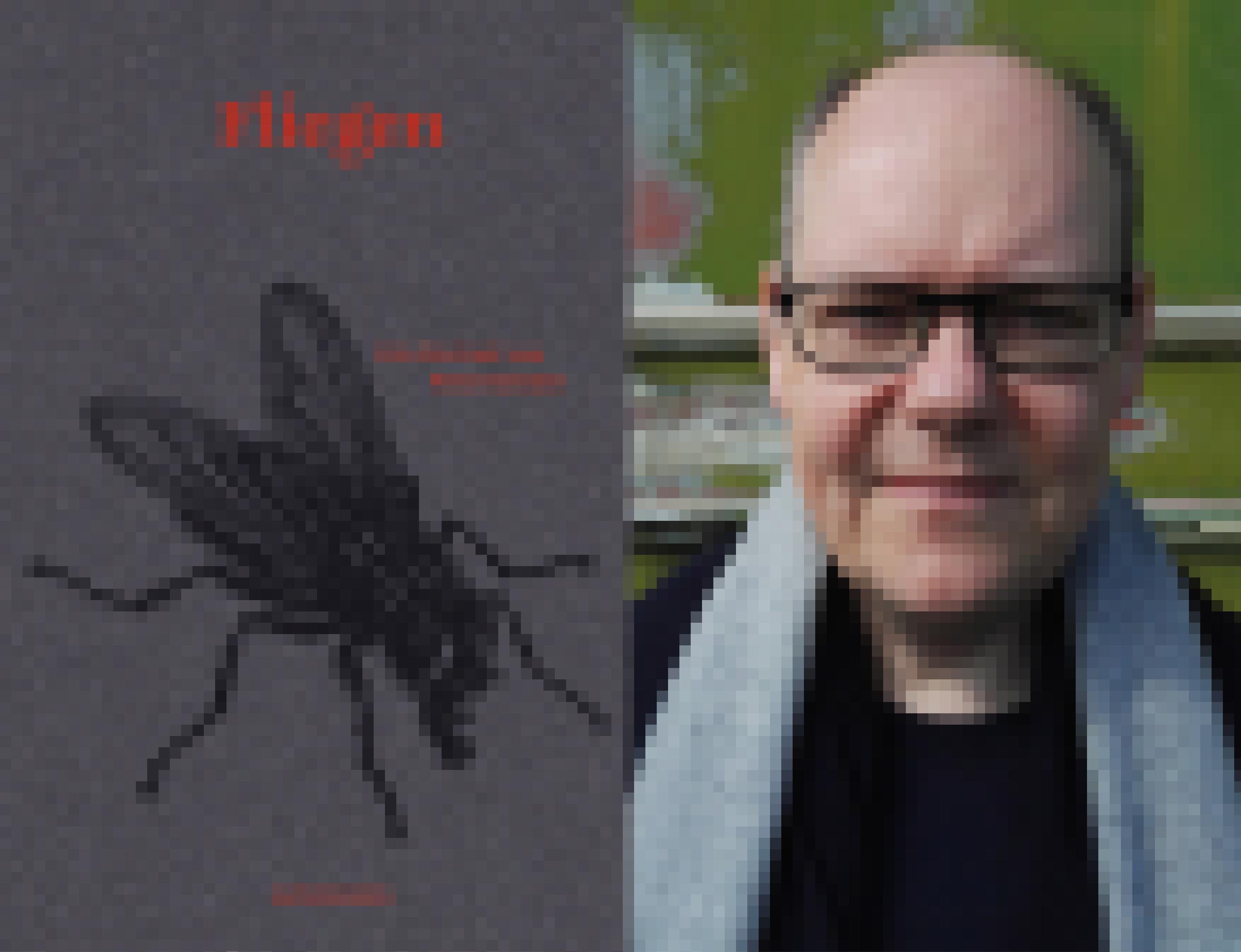 Links: Der Titel des Buches, dunkelgrau mit einer schwarzen Stubenfliege darauf. Rechts: der Autor blickt in die Kamera.