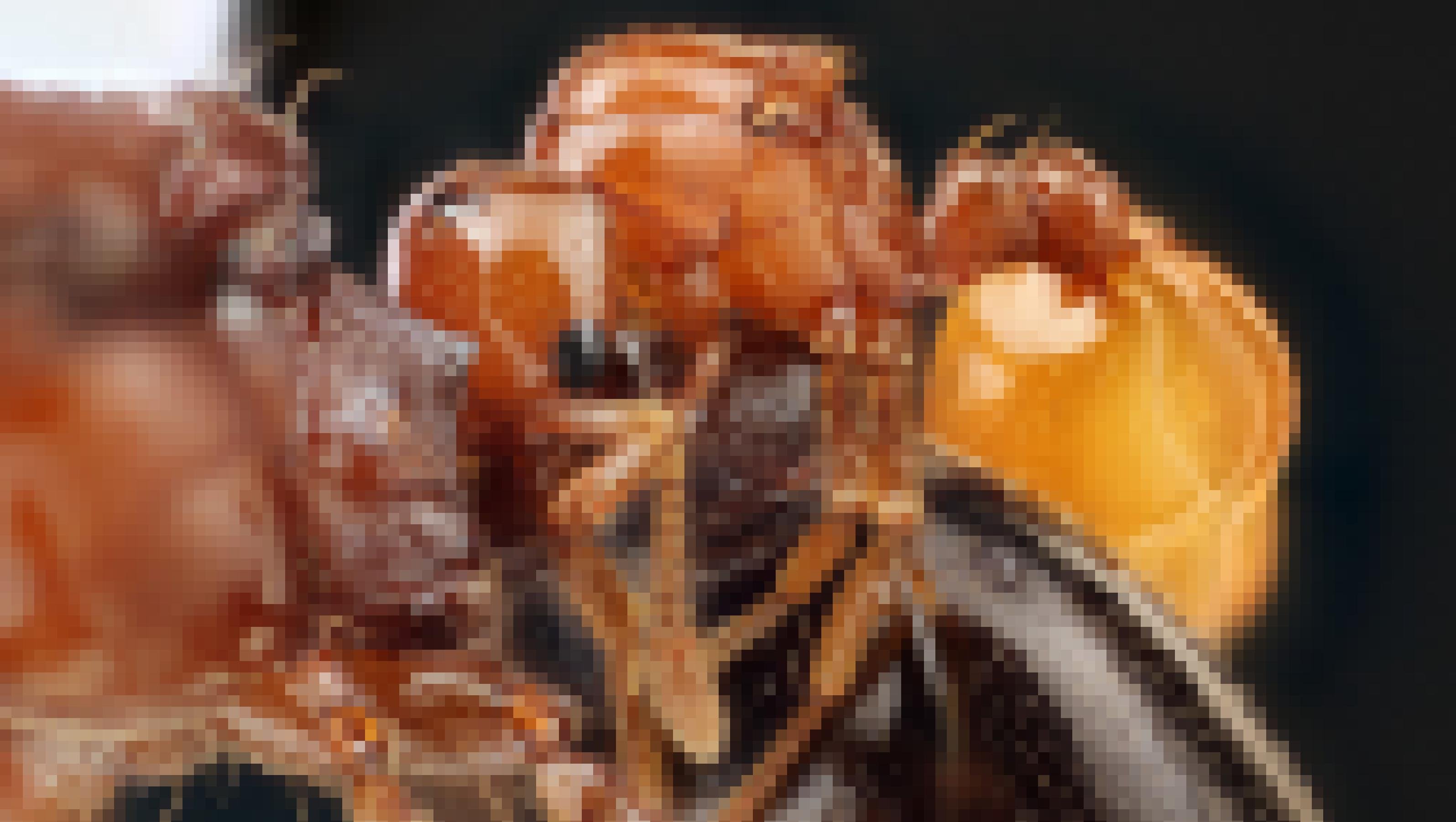 Eine bernsteinfarbene Ameise hält die Taille einer größeren, dunkelbraunen Ameisen umklammert.