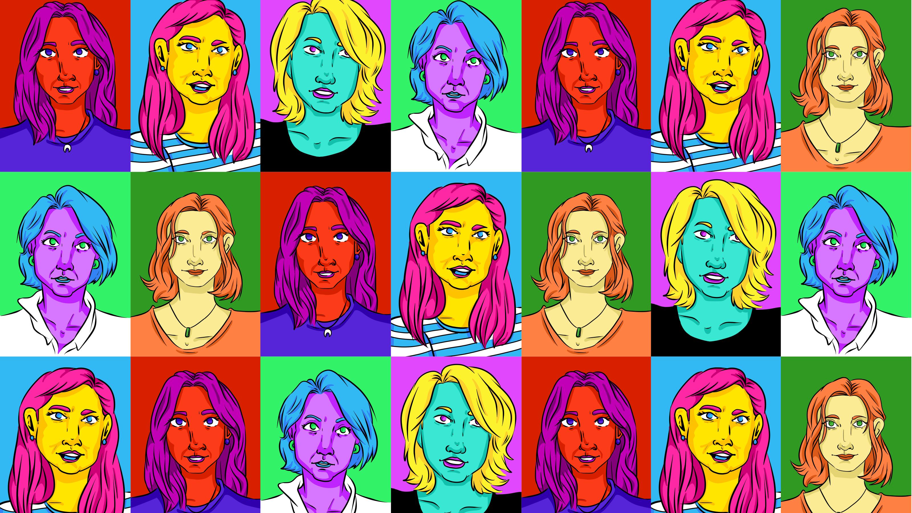 Bunte Frauenköpfe im Andy-Warhol-Stil