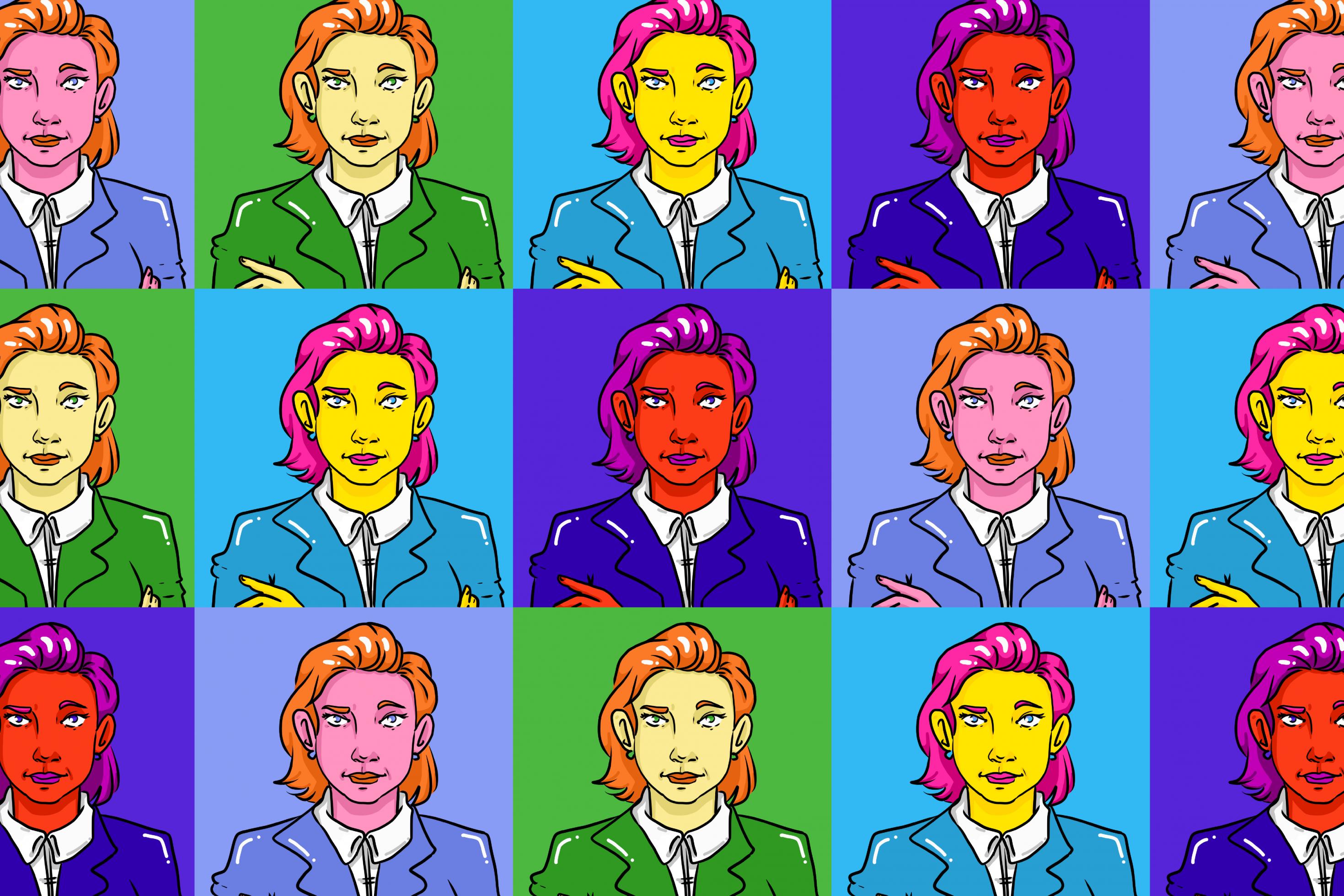 Verschiedene Frauen im Anzug im Warhol-Stil
