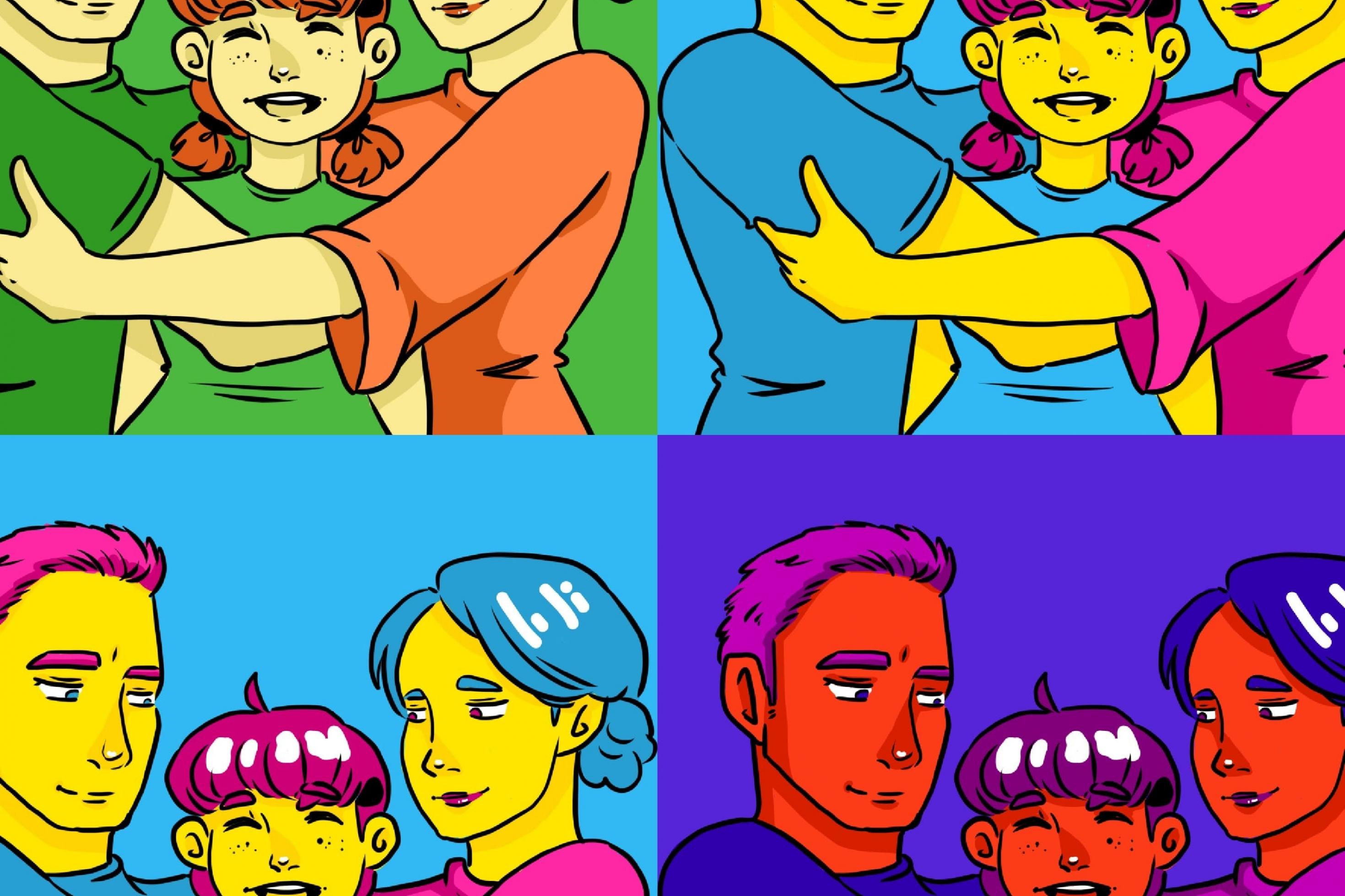Mann und Frau halten sich an den Händen, in der Mitte steht ein Mädchne. Bild im Warhol-Stil.