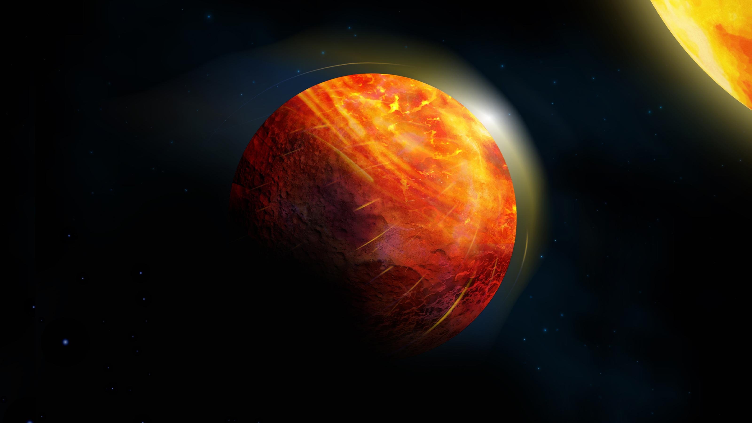 Die künstlerische Darstellung zeigt im Zentrum Lavaplaneten, der einen orange-roten Stern umkreist. Der Stern befindet sich rechts oben im Bild und ist nur im Ausschnitt zu sehen. Der Exoplanet selbst ist ebenfalls rötlich eingefärbt.