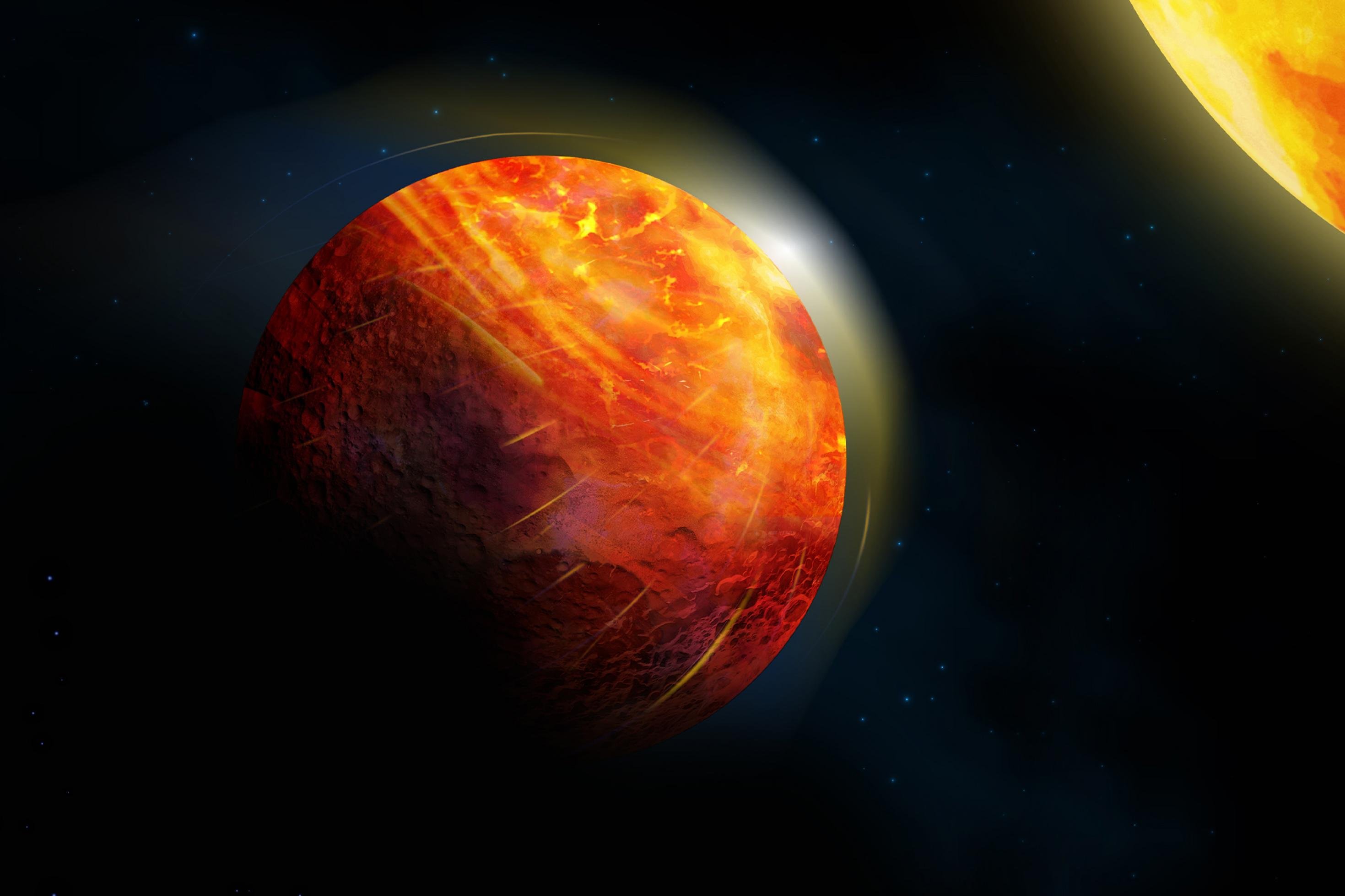Die künstlerische Darstellung zeigt im Zentrum Lavaplaneten, der einen orange-roten Stern umkreist. Der Stern befindet sich rechts oben im Bild und ist nur im Ausschnitt zu sehen. Der Exoplanet selbst ist ebenfalls rötlich eingefärbt.