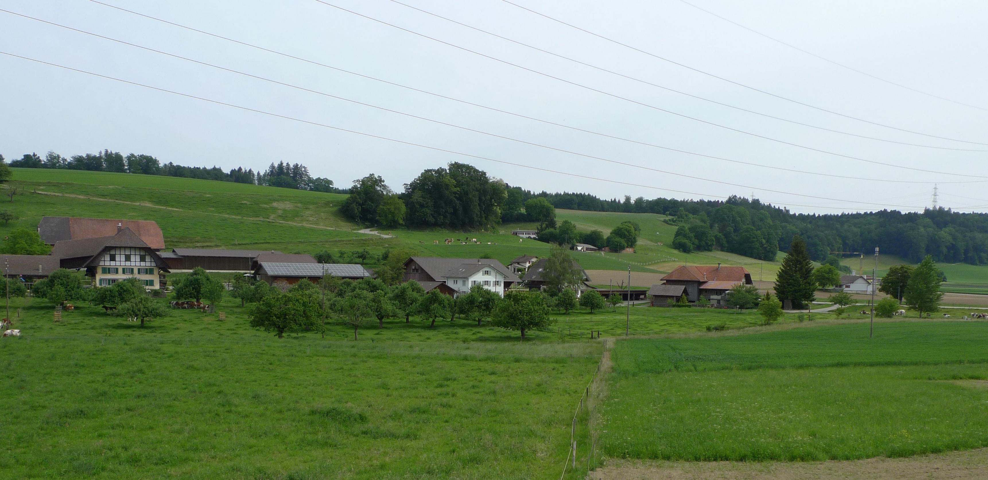Blick auf das Dorf Alchenstorf mit Bauernhäusern im Emmental (Schweiz).