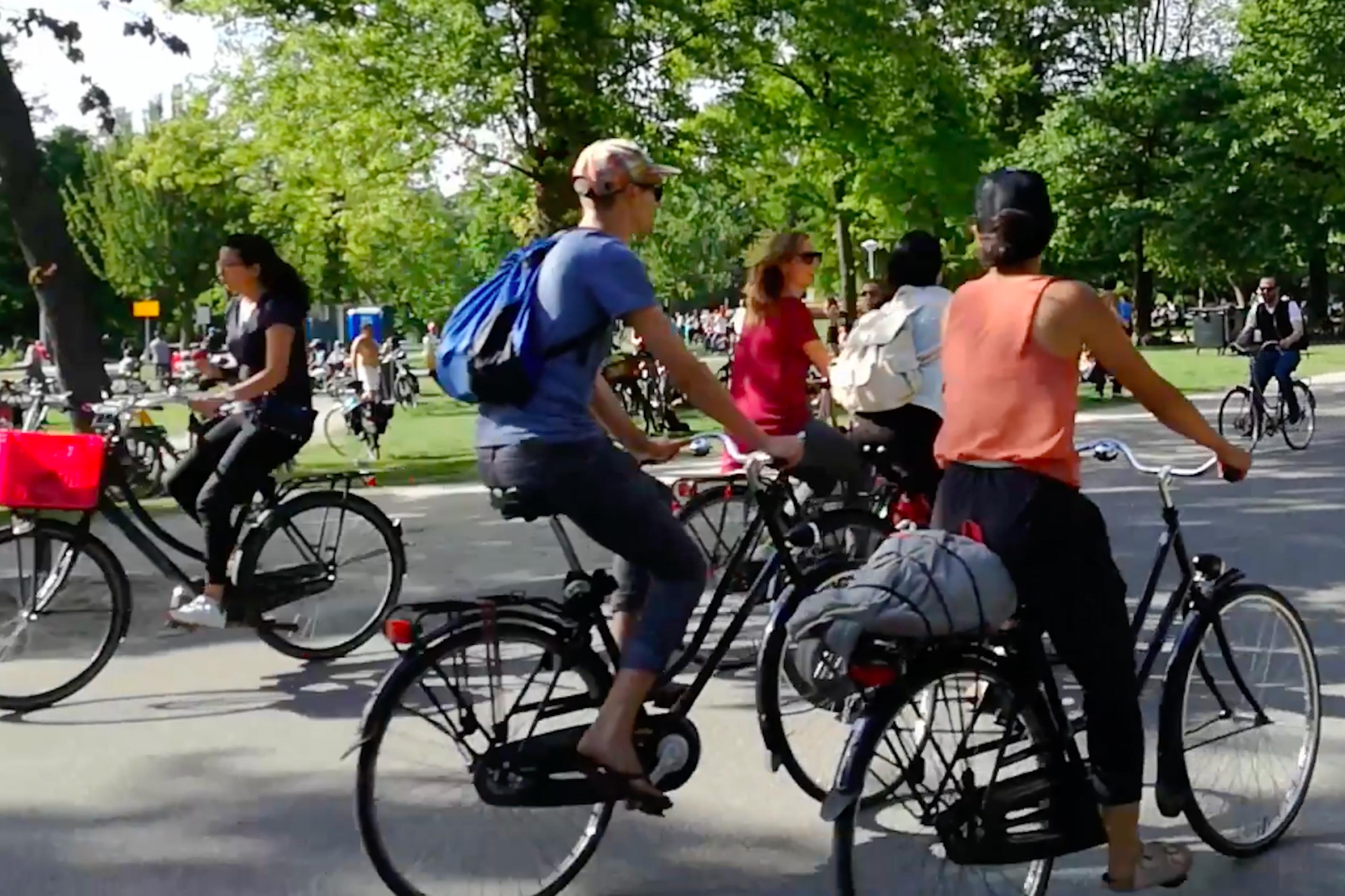 Eine Gruppe Radfahrer fährt durch einen Park und passieren andere Radfahrer.