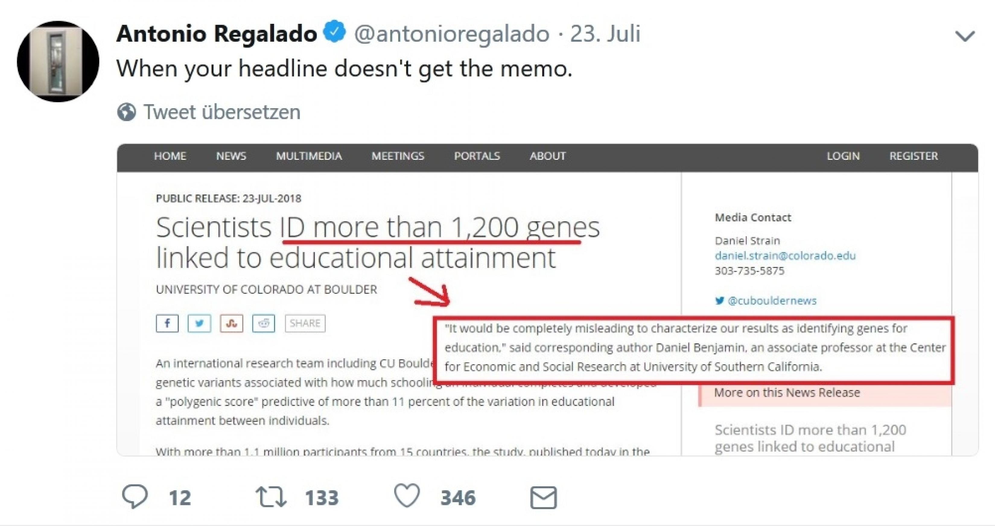 „When your headline doesn't get the memo“ twitterte Antonio Regalado, Biomedizin-Redakteur des MIT Technology Rewiew: „Wenn die Botschaft des Textes deinen Titel nicht erreicht.“