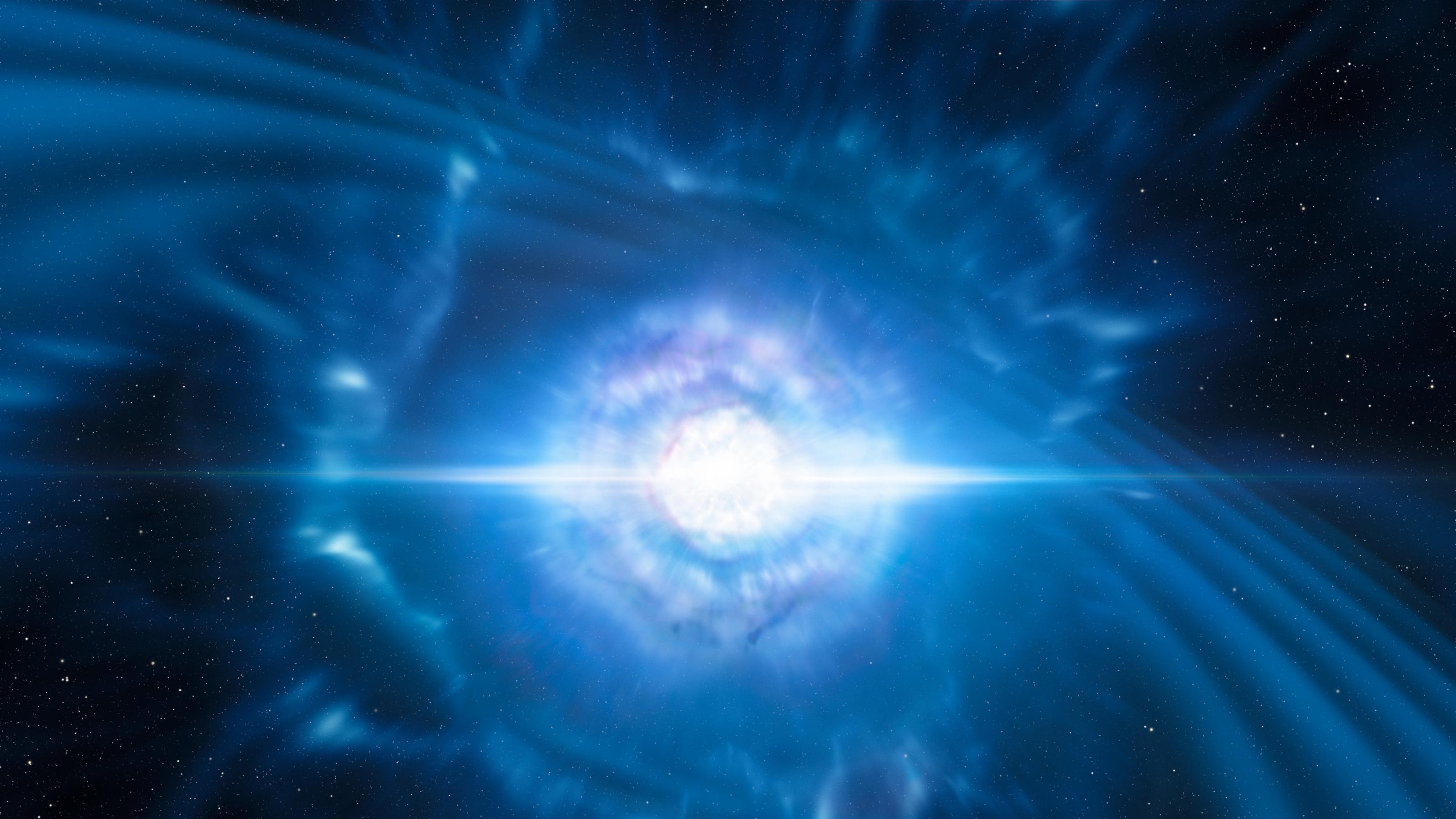 This artist?s impression shows two tiny but very dense neutron stars at the point at which they merge and explode as a kilonova. Such a very rare event is expected to produce both gravitational waves and a short gamma-ray burst, both of which were observed on 17 August 2017 by LIGO?Virgo and Fermi/INTEGRAL respectively. Subsequent detailed observations with many ESO telescopes confirmed that this object, seen in the galaxy NGC 4993 about 130 million light-years from the Earth, is indeed a kilonova. Such objects are the main source of very heavy chemical elements, such as gold and platinum, in the Universe.