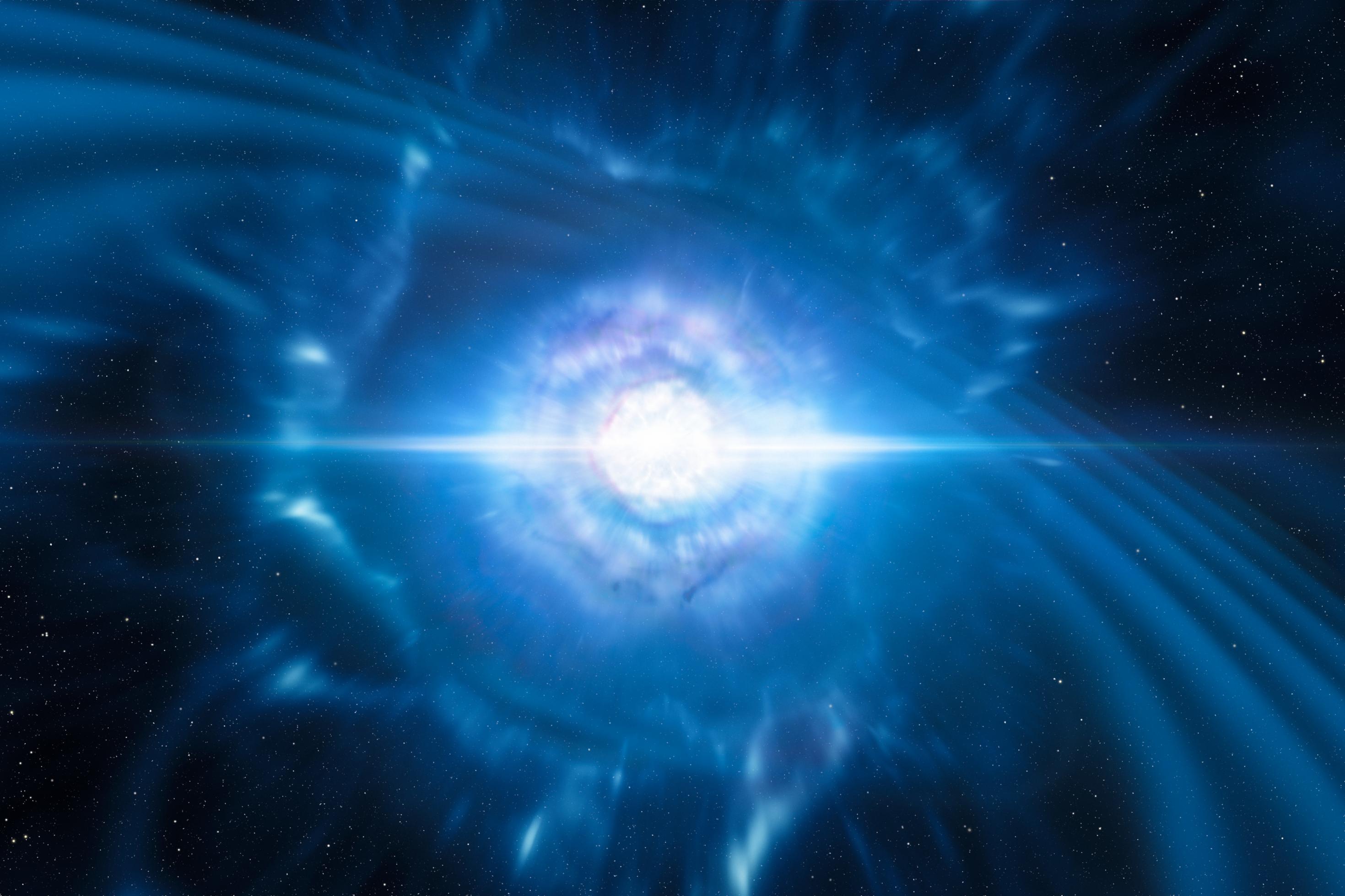 This artist?s impression shows two tiny but very dense neutron stars at the point at which they merge and explode as a kilonova. Such a very rare event is expected to produce both gravitational waves and a short gamma-ray burst, both of which were observed on 17 August 2017 by LIGO?Virgo and Fermi/INTEGRAL respectively. Subsequent detailed observations with many ESO telescopes confirmed that this object, seen in the galaxy NGC 4993 about 130 million light-years from the Earth, is indeed a kilonova. Such objects are the main source of very heavy chemical elements, such as gold and platinum, in the Universe.