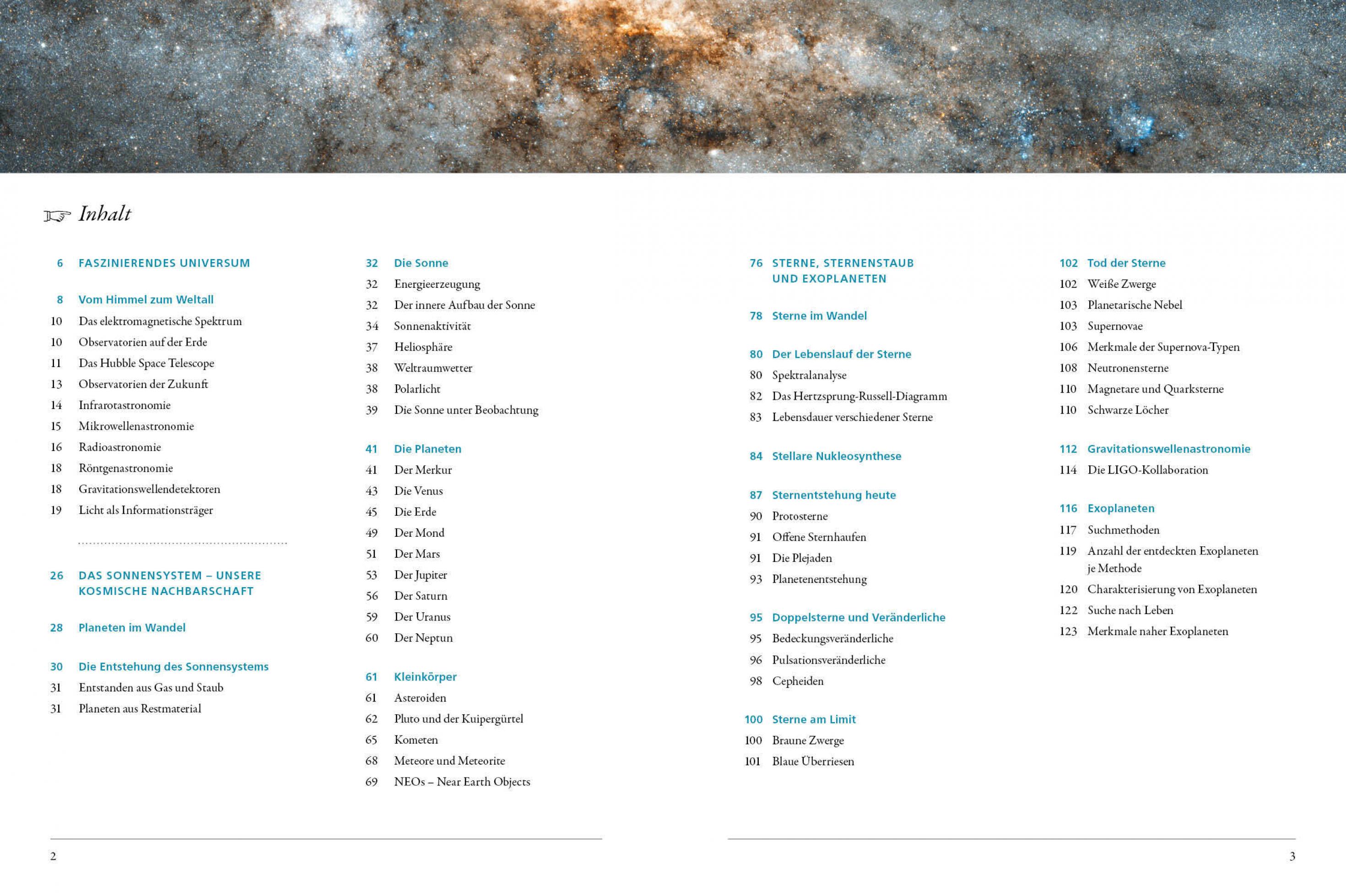 Blick ins Buch „Astronomie und Universum“, Inhaltsverzeichnis