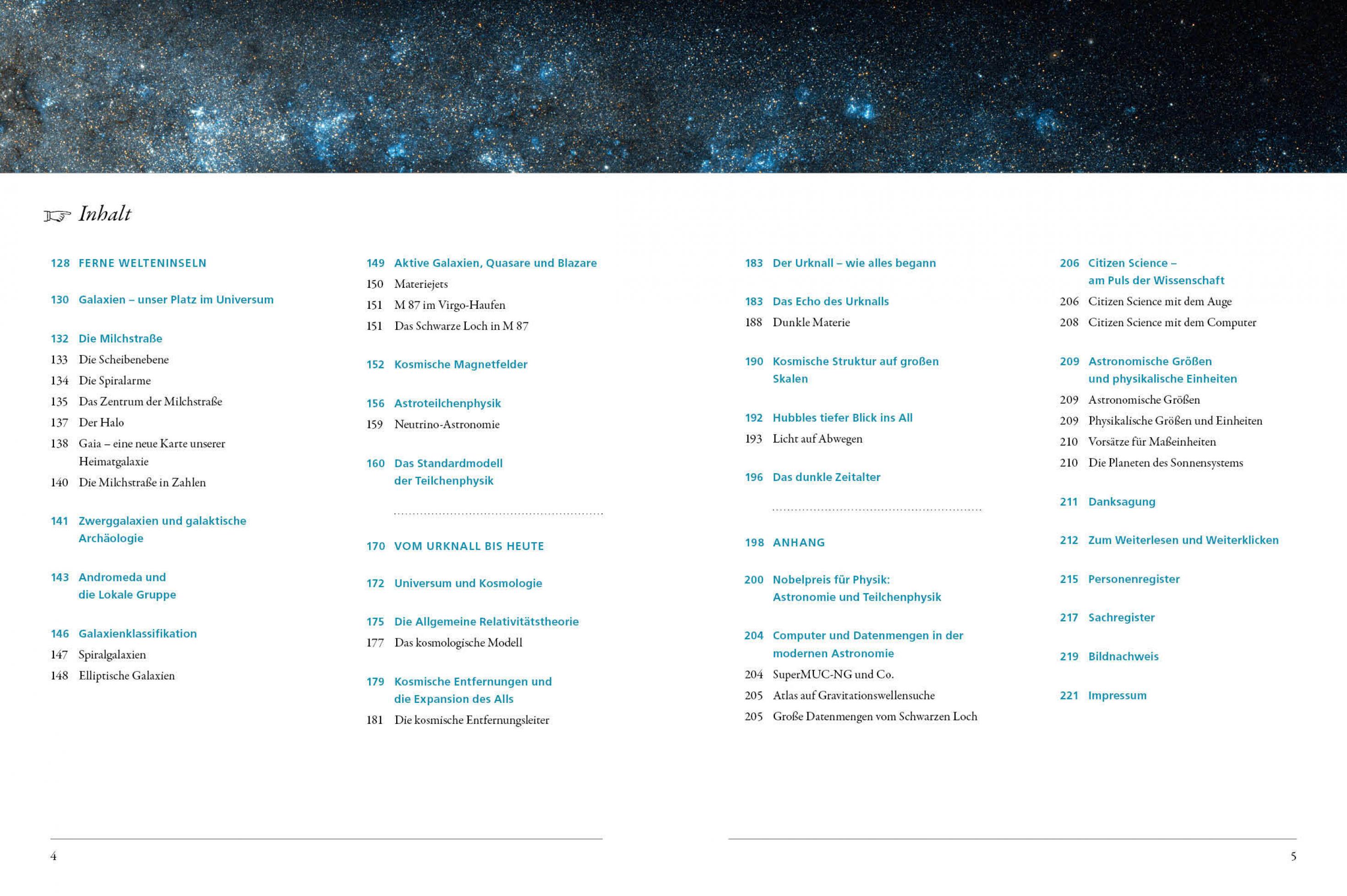 Blick ins Buch „Astronomie und Universum“, Inhaltsverzeichnis