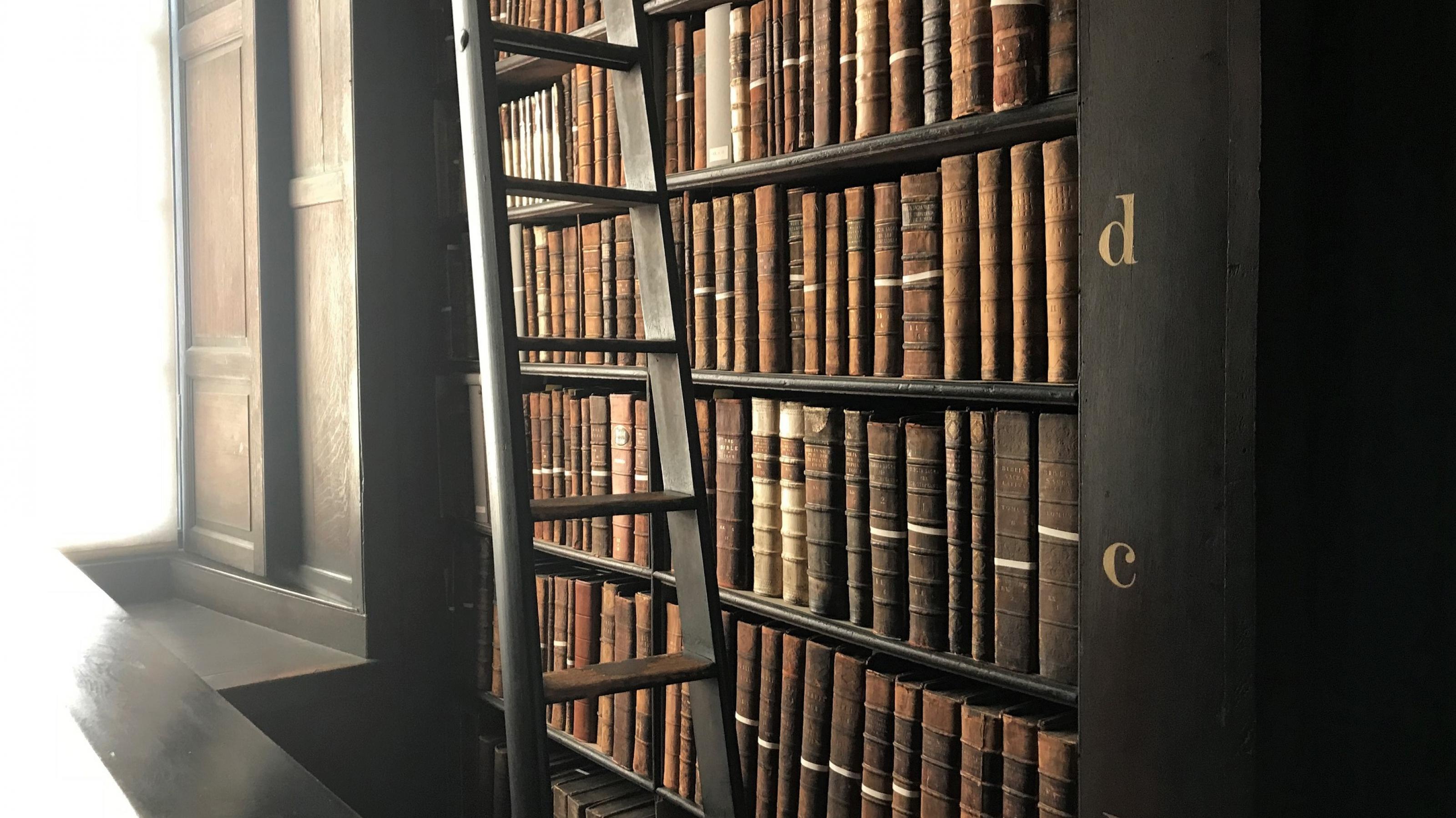 Ein Regal mit vielen alten Büchern der Bibliothek des Trinity College in Dublin, am Rand eine Leiter.