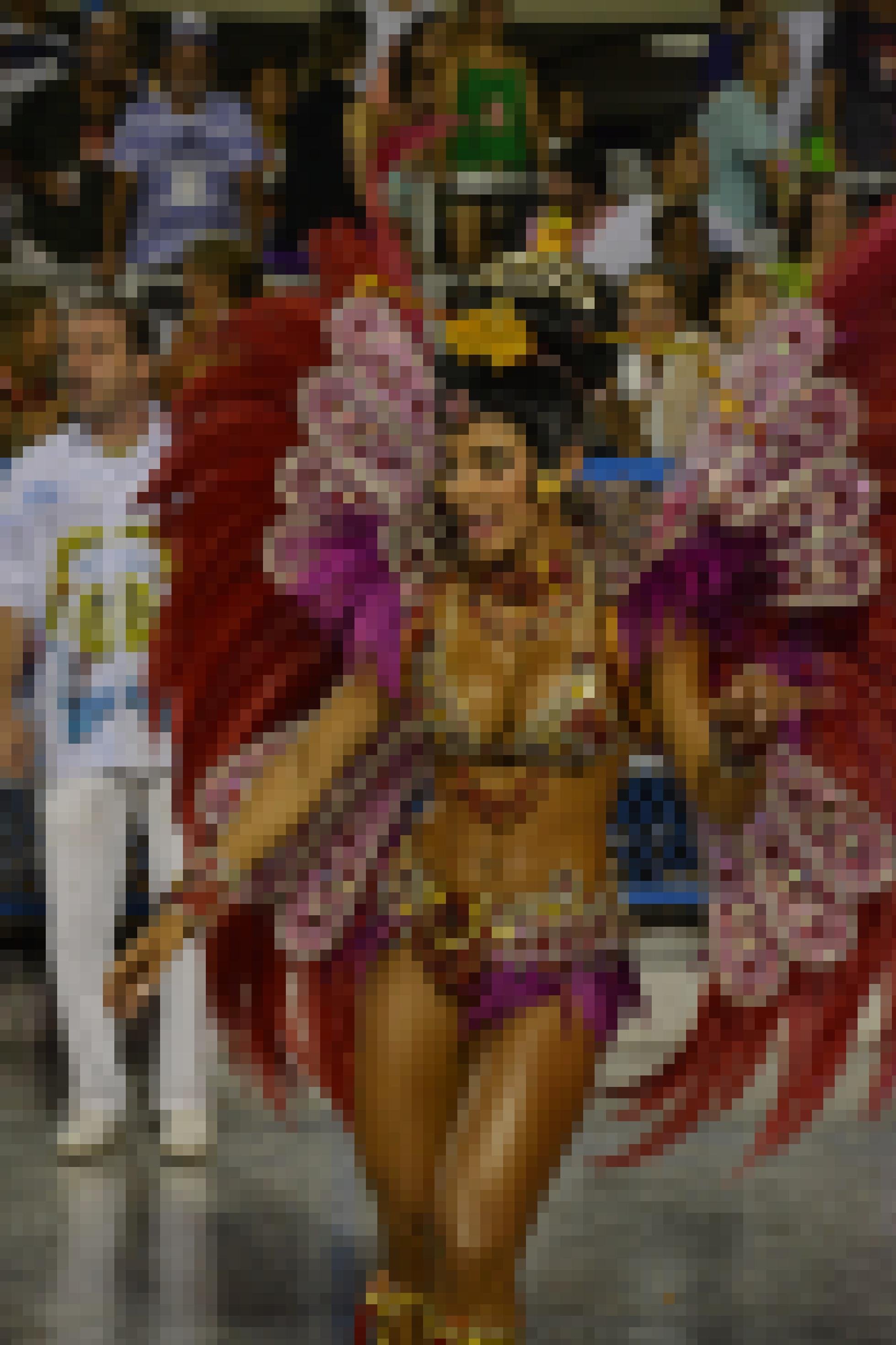 Eine Tänzerin im knappen Bikini mit viel Federschmuck im Sambadrom in Rio de Janeiro.