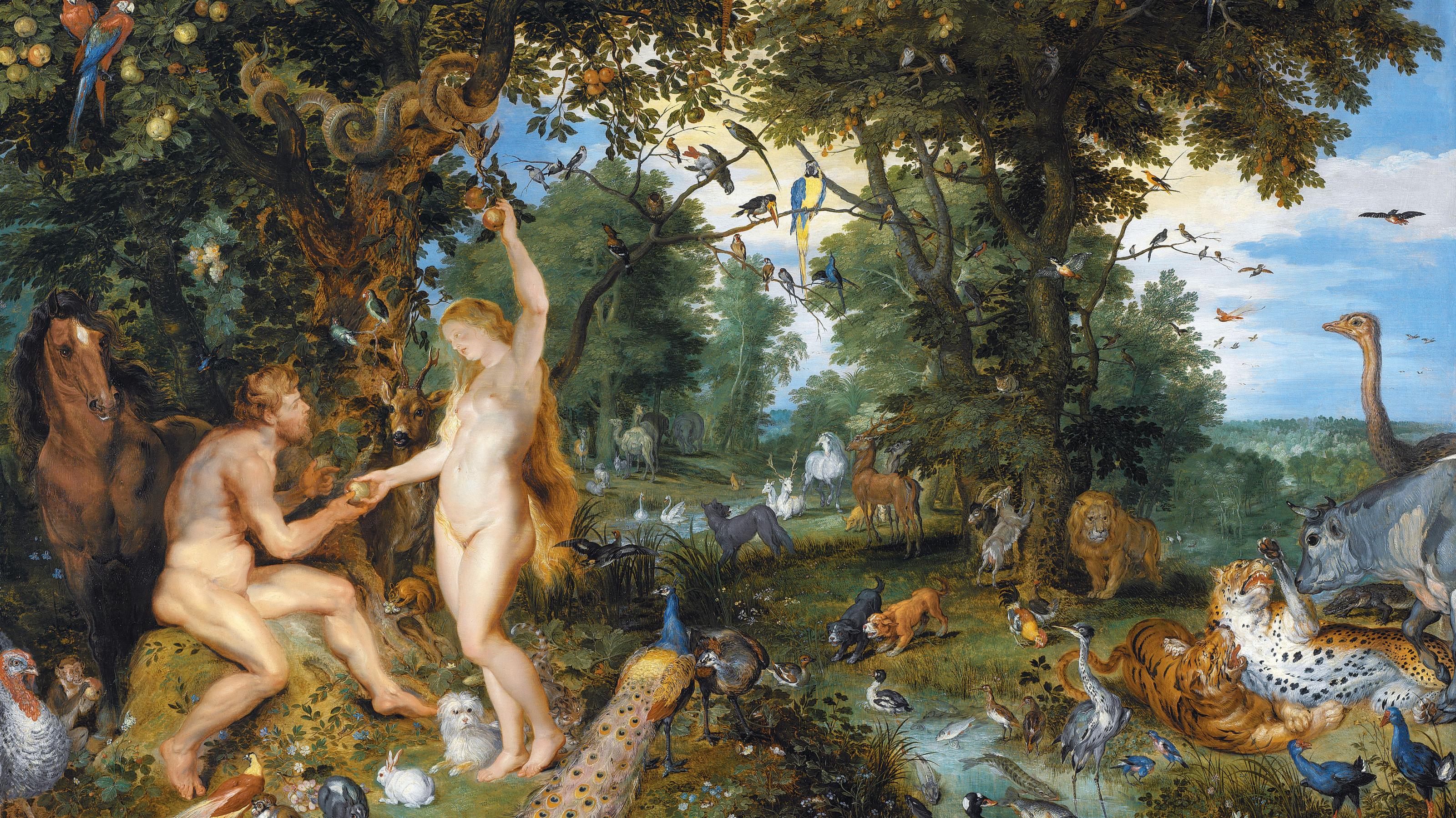 Ein Öl-Gemälde von Jan Brueghel dem Älteren und Peter Paul Rubens. Es zeigt das irdische Paradies mit mit vielen Tieren und den Sündenfall von Adam und Eva, 