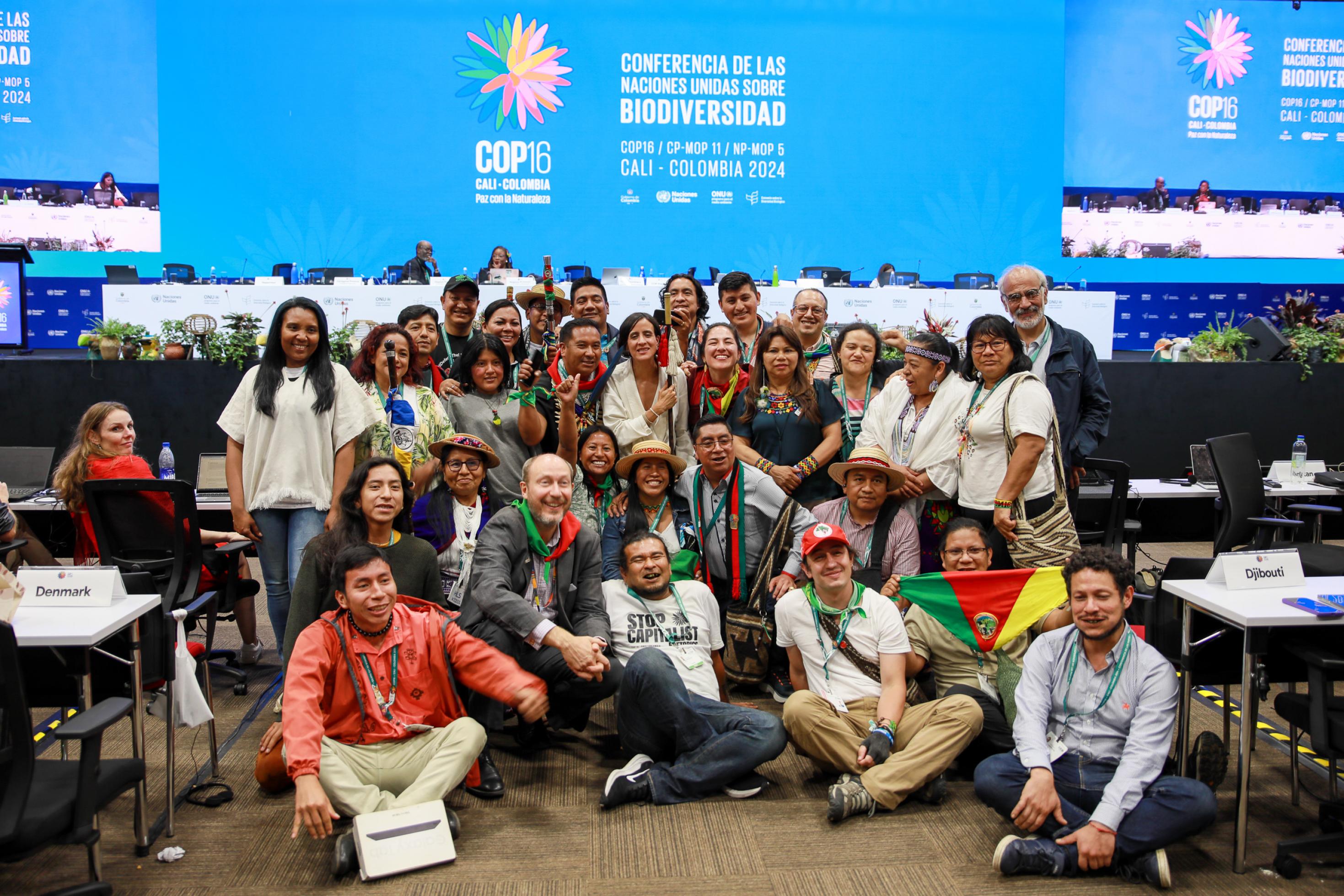 Eine Gruppe buntgekleideter Menschen im Konferenzsaal mit COP-Logo