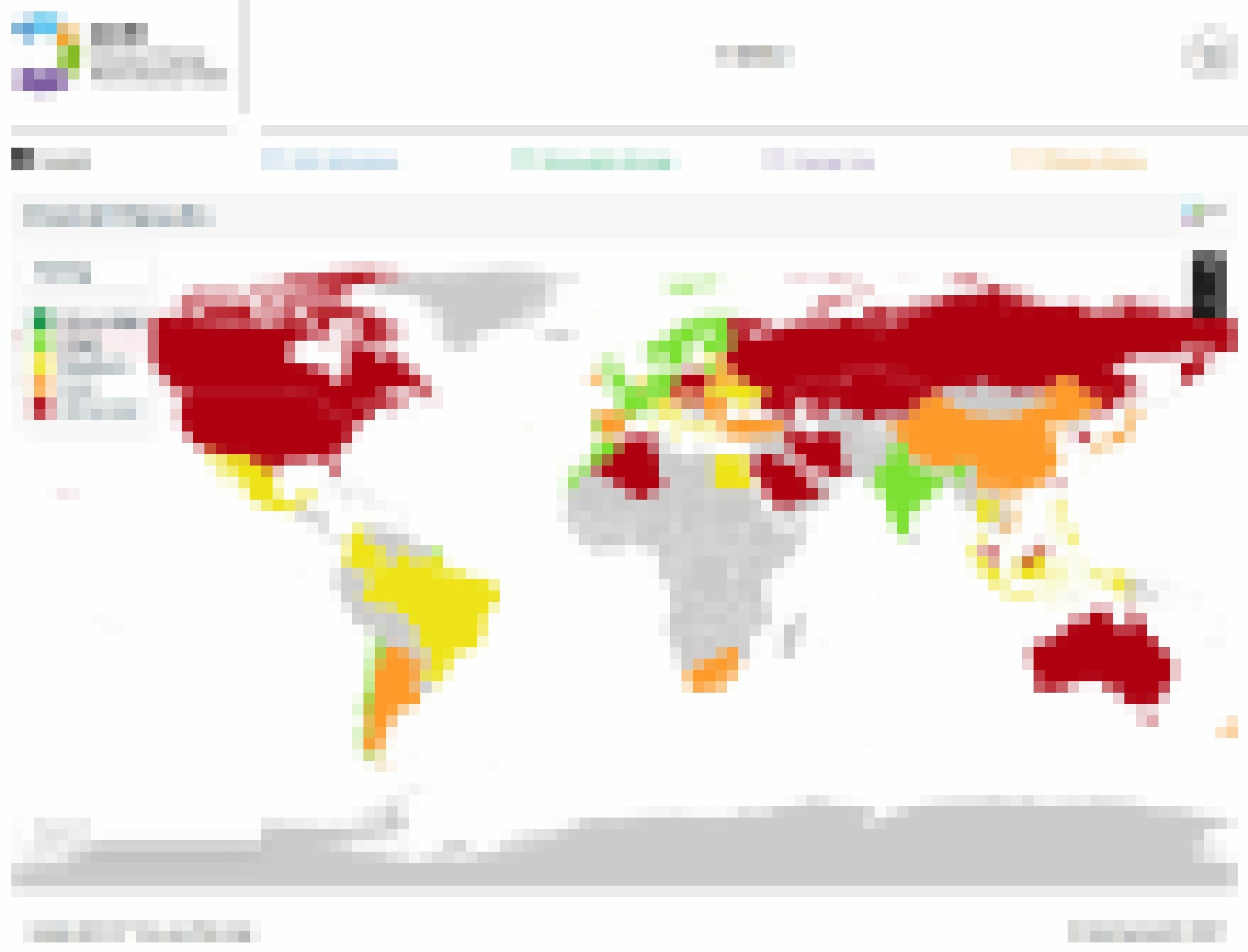 Weltkarte, in der die 60 Index-Staaten je nach Wert farblich markiert sind. Rot - sehr niedrig - dominiert.
