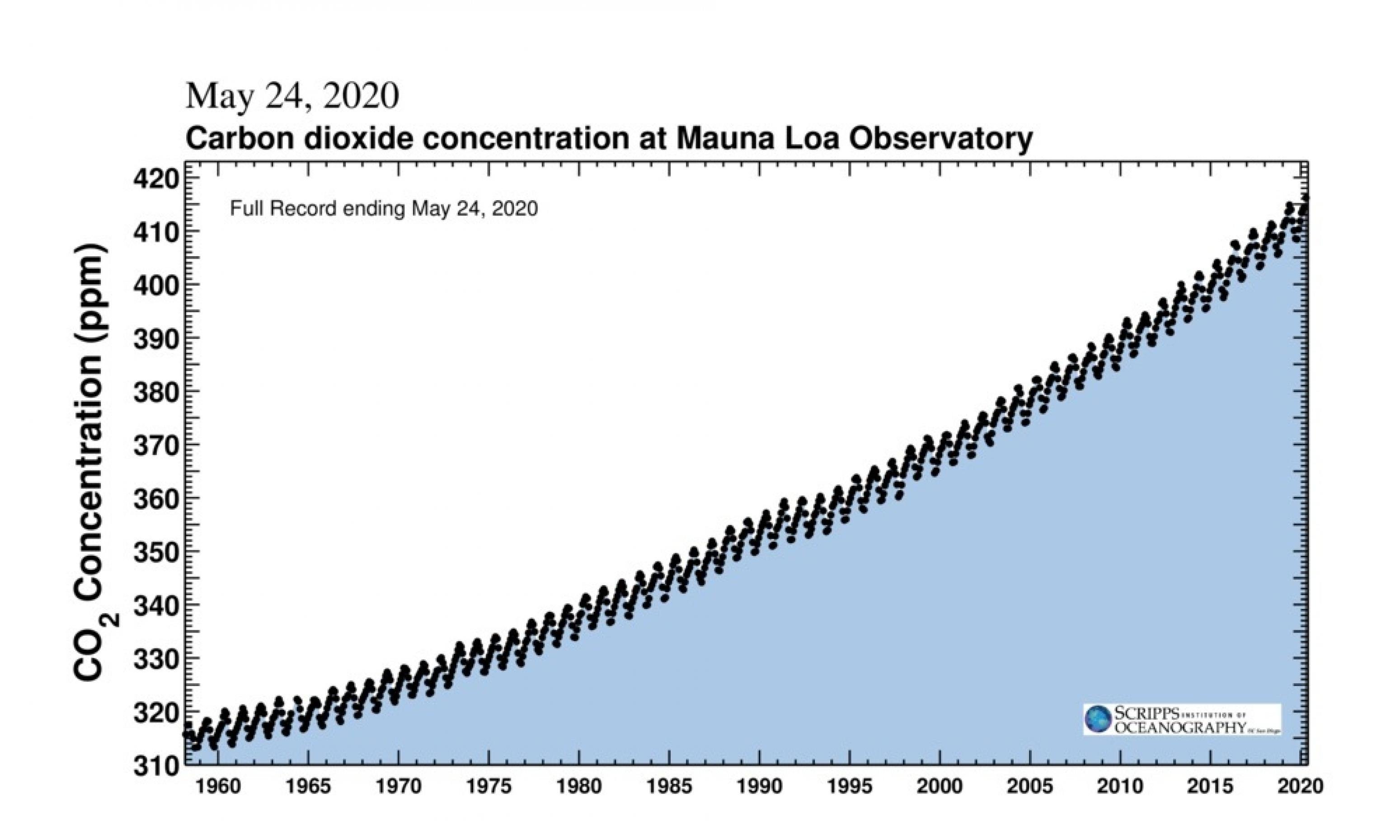 Die Grafik stellt eine deutliche Zunahme der Kohlendioxid-Konzentration in der Atmosphäre dar. Zu sehen ist auch die jahreszeitliche Schwankung, die durch ein Zickzack zum Ausdruck kommt.
