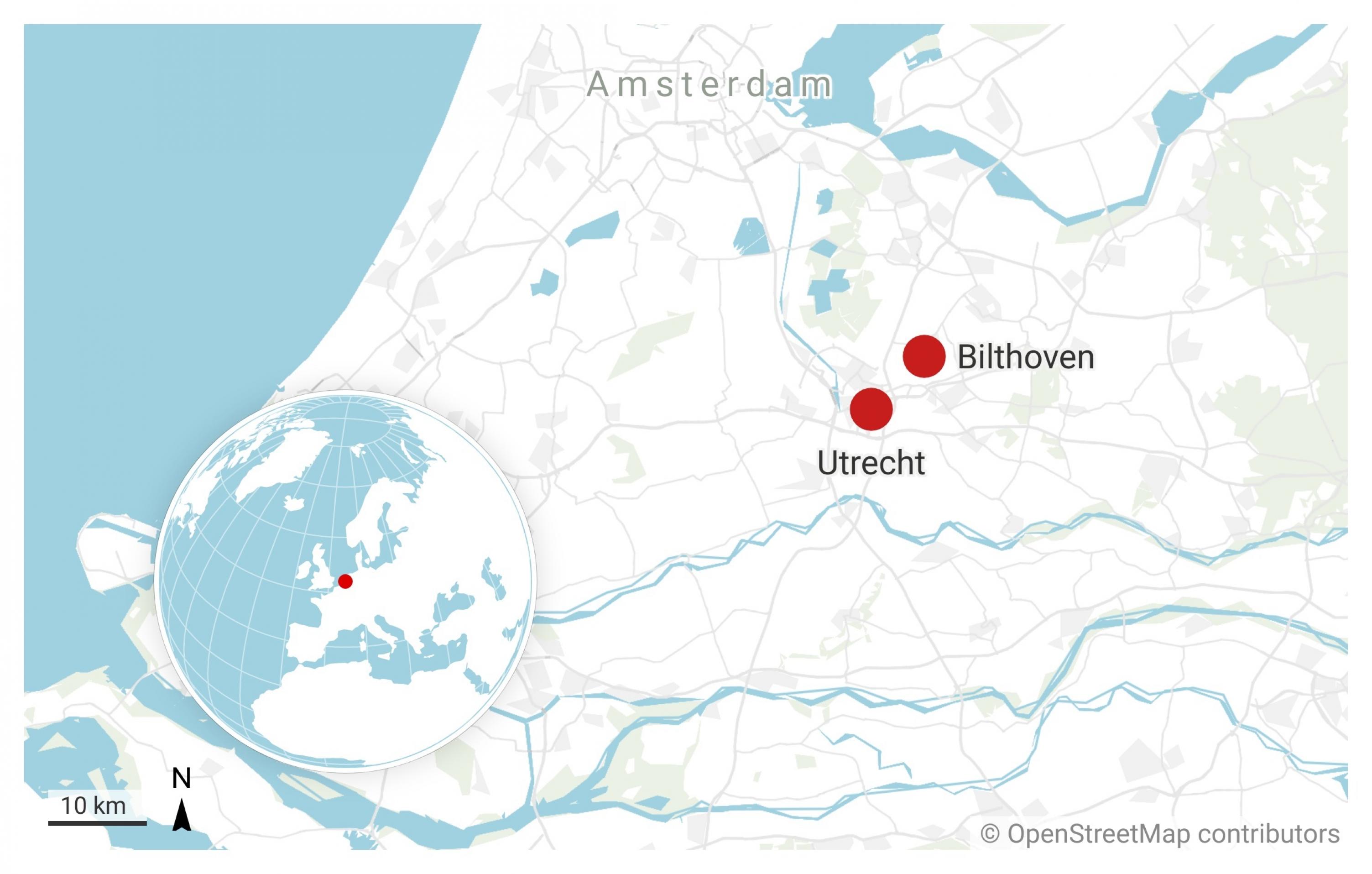 Karte der Niederlande, in der Utrecht und das nahe gelegene Bilthoven durch rote Punkte markiert sind. Ruud Jansen war um die Jahrtausendwende an der Universität Utrecht angestellt, arbeitete aber für die Arbeitsgruppe von Jan van Embden, der in Bilthoven saß.