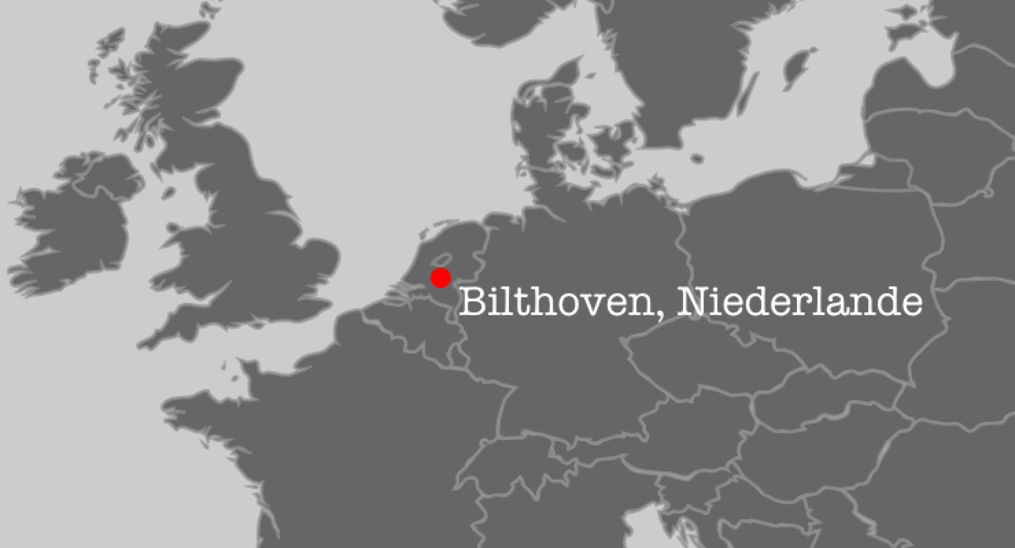 Ausschnitt aus der Karte Europas mit den Niederlanden im Zentrum, und der Ort Bilthoven in rot hervorgehoben.
