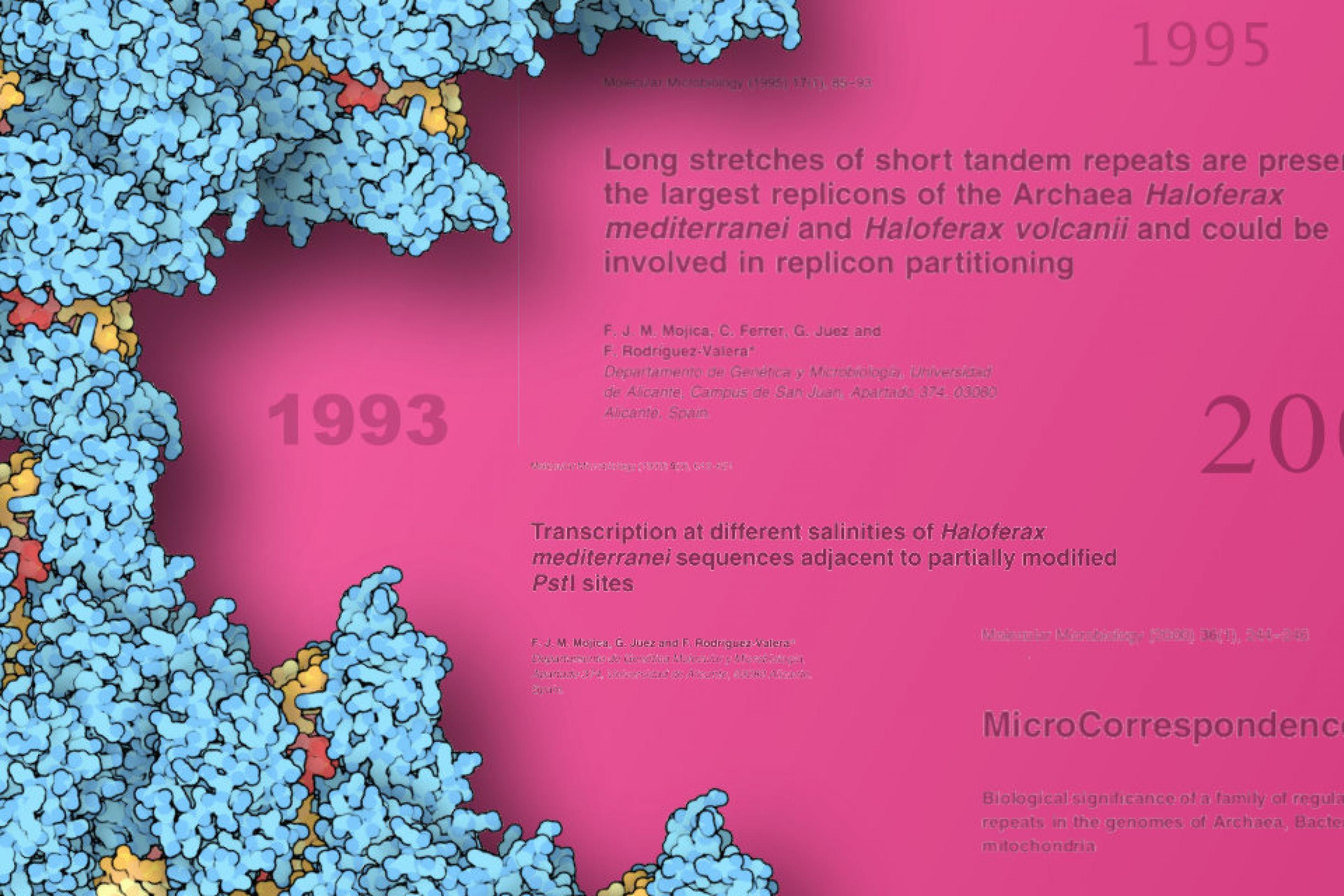 Übereinander gelegte Grafiken des Cas9-Proteins umkränzen in der linken Bildhälfte vor lilafarbenem Hintergrund wichtige Titel und Jahreszahlen der CRISPR-Historie, die Zahlen sind 1993, 1995 und 2000.