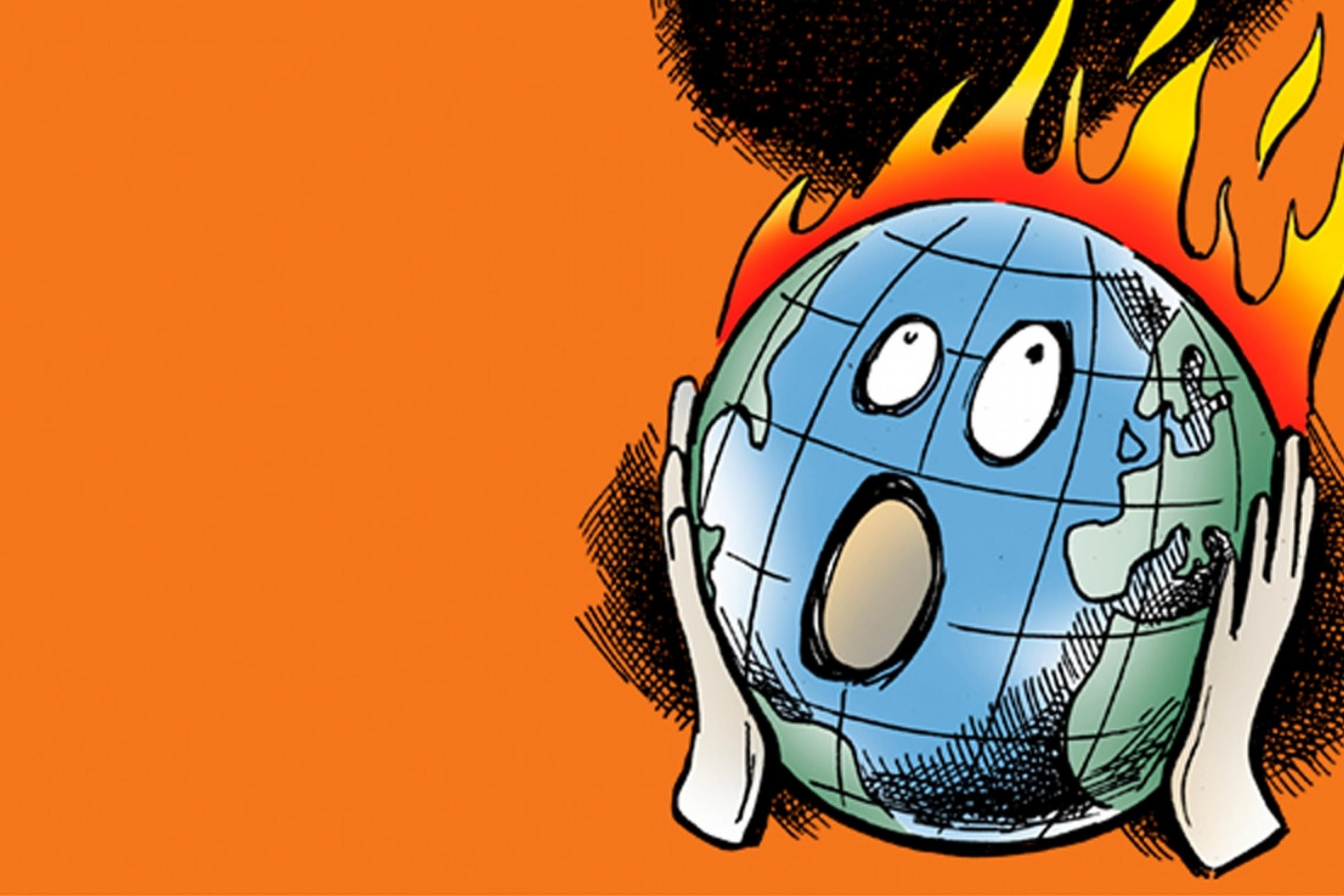 Eine Karikatur auf organefarbigem Hintergrund: Die Welt brennt und hält sich die Hände entsetzt an die Wangen wie die Figur auf Munchs „Schrei“ – Cover-Illustration des jetzt auf deutsch erschienenen Buchs „Der Tollhauseffekt“