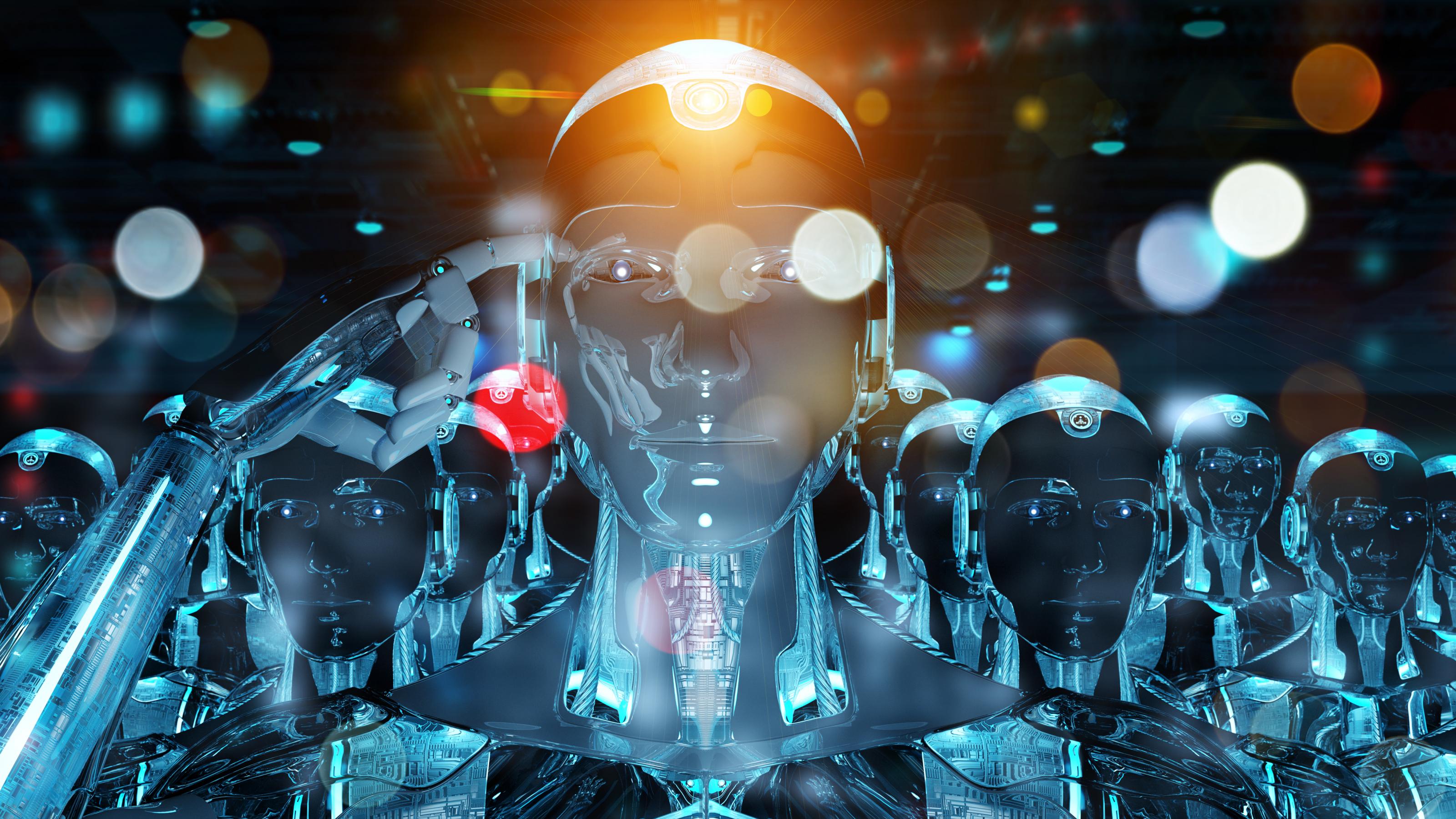 Roboter, der sich an den Kopf tippt, als Symbol für denkende künstliche Intelligenz