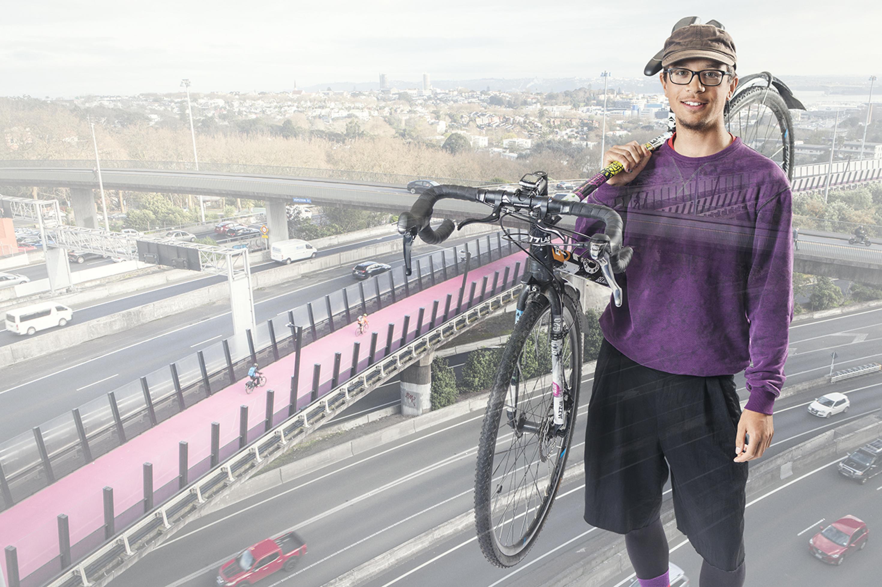 Das Zitat zu diesem Bild: „Ich fahre in der Innenstadt immer mit dem Fahrrad, es ist mit Abstand das schnellste Verkehrsmittel, selbst wenn es in die Außenbezirke geht. Ich finde aber auch, dass Fahrräder im Verkehrsraum sehr wenig Platz, Raum und Sicherheit genießen. Mein optimales Verkehrskonzept wäre, den Platz, der jetzt für Autos da ist, für Fahrräder zu nutzen, ein bisschen mehr Platz für Fußgänger – und Autos weitestgehend aus der Stadt heraus zu halten.“