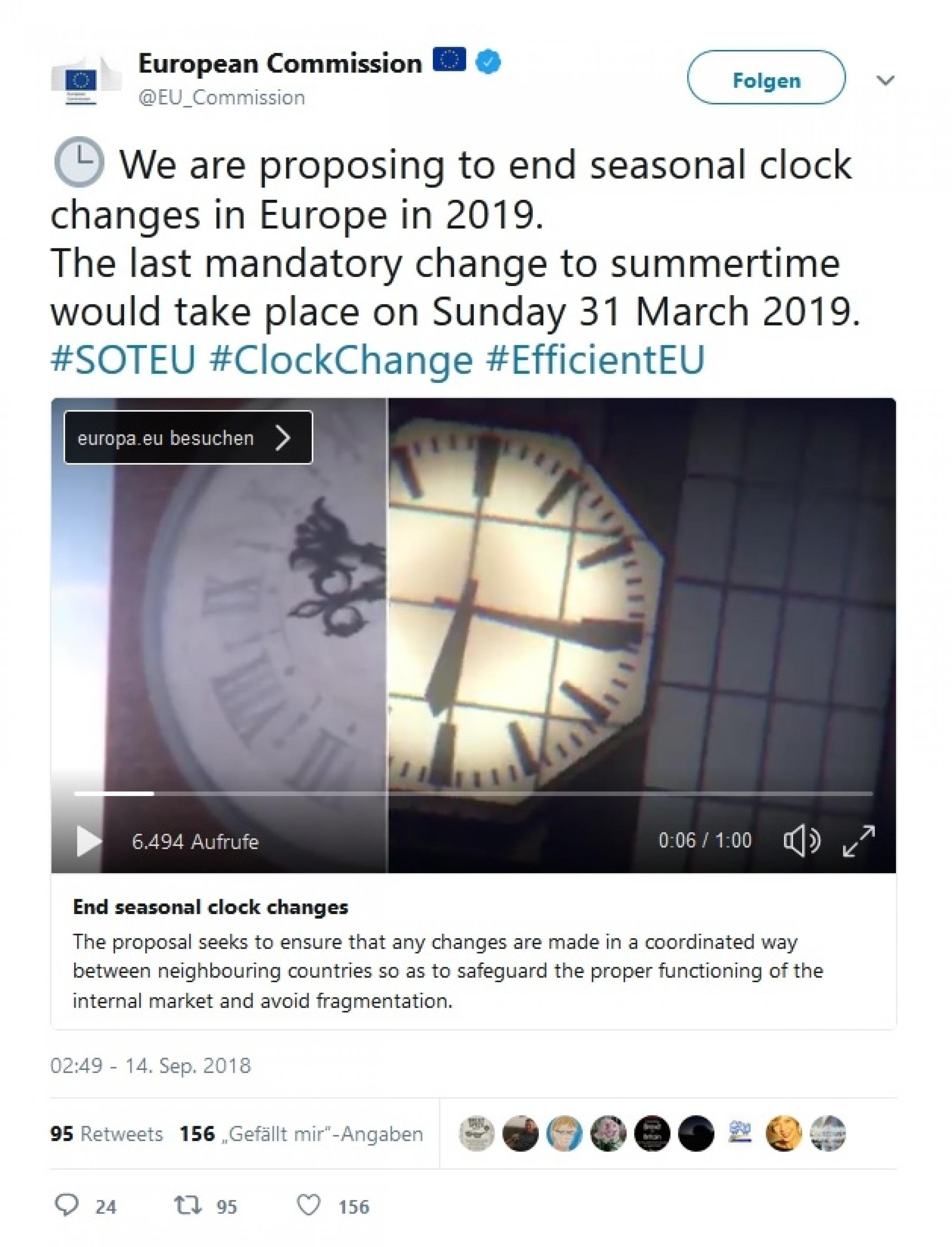 Die Kommission der EU twittert, dass sie die Zeitumstellung abschaffen möchte: „We are proposing to end seasonal clock changes.“