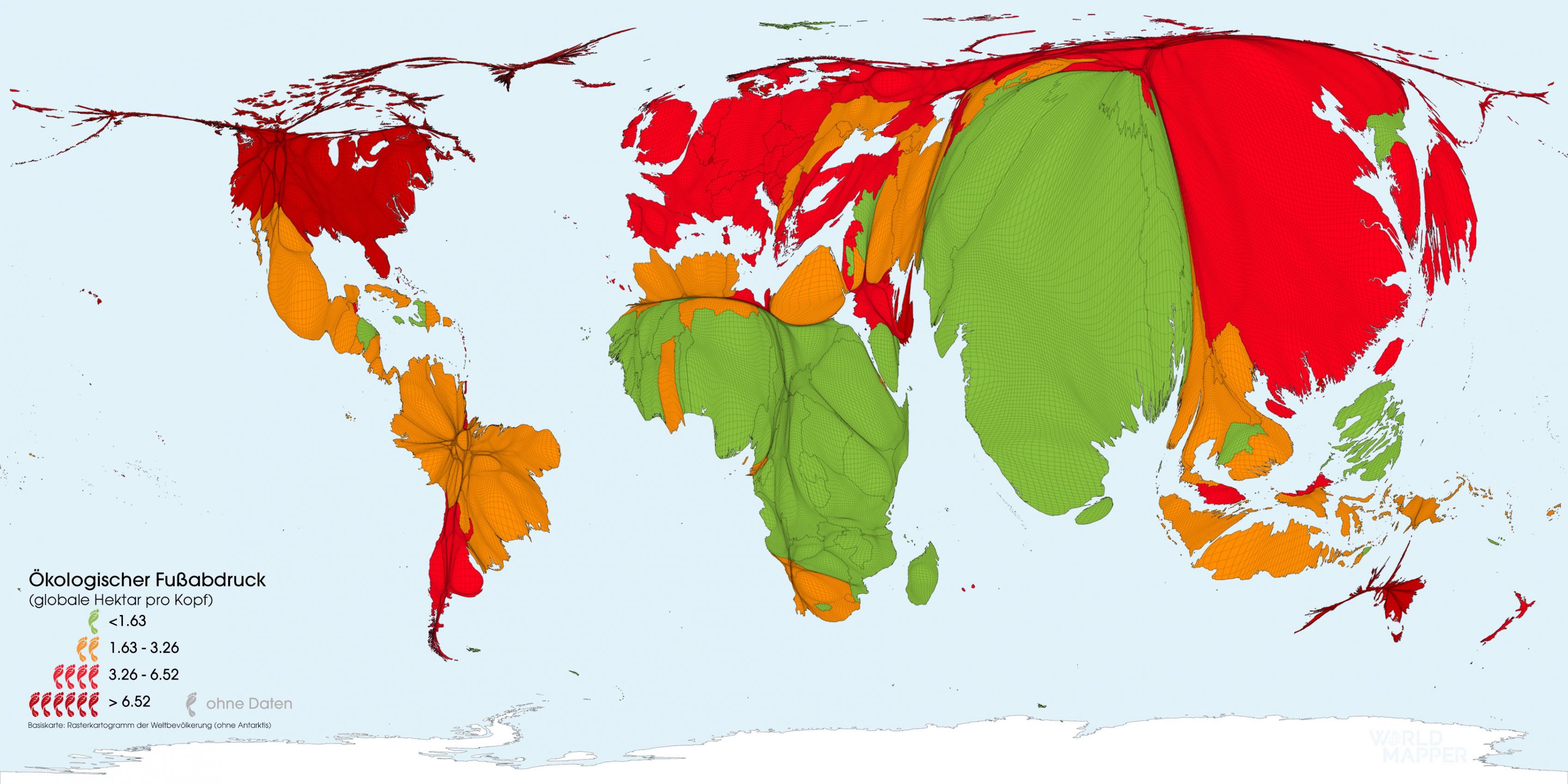 Bevölkerungskartogramm der Erde mit Darstellung des ökologischen Fußabdrucks