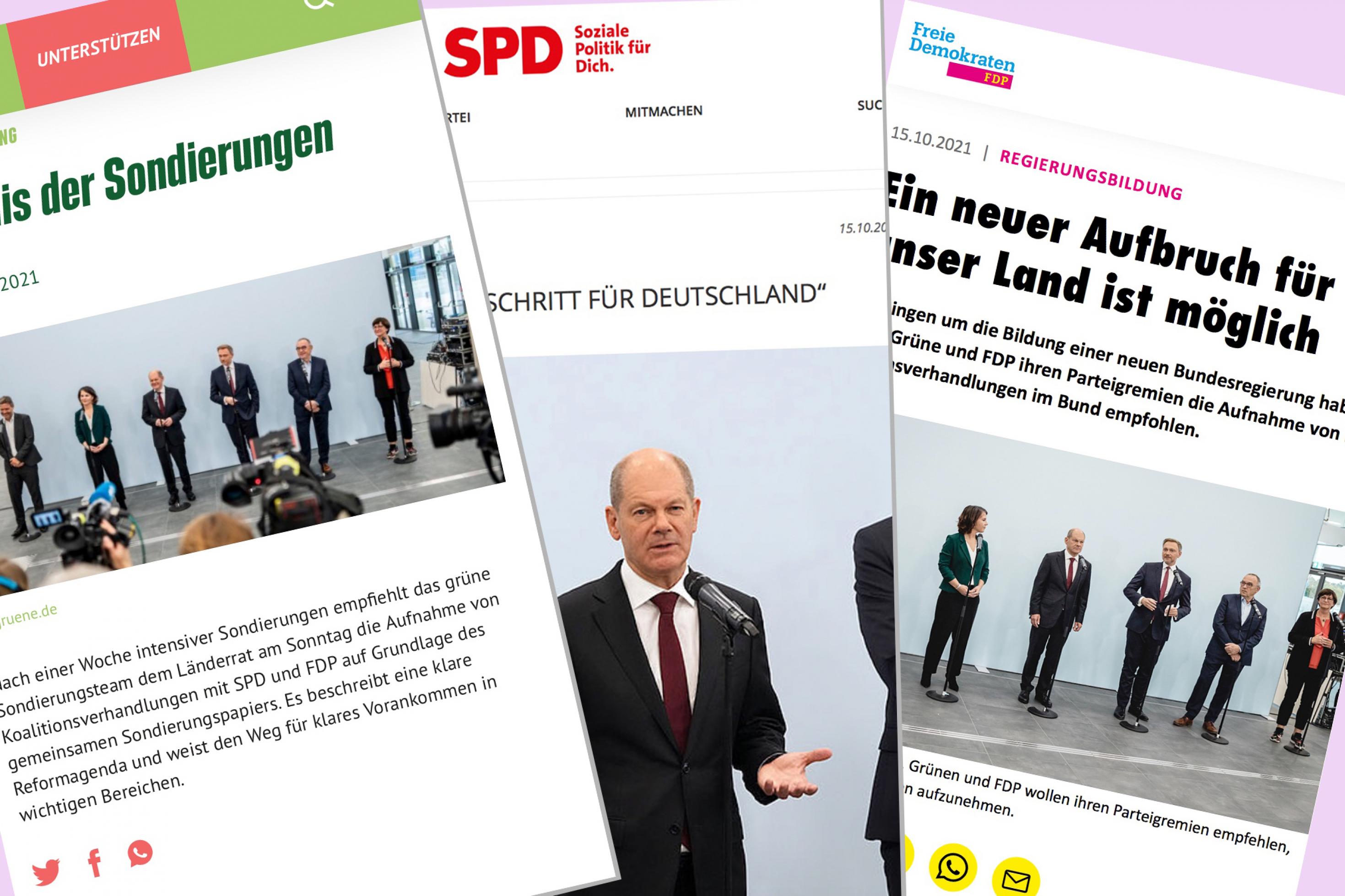 Eine Collage aus Screenshot der Pressemeldungen, mit denen den Parteien am Freitag das Ergebnis vermeldeten und den Text des 12-seitigen abgestimmten Entwurfs zugänglich machten. Links die Grünen, in der Mitte die SPD, rechts die FDP. Zu sehen sind dort jeweils Fotos von der Pressekonferenz.