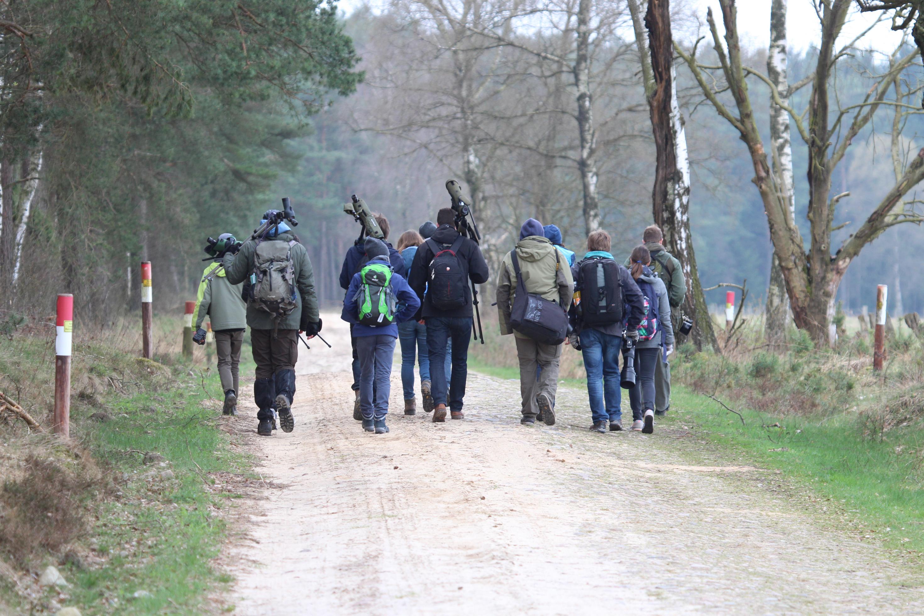 Eine Gruppe des „Young Birders Club“, von hinten gesehen auf einem Waldweg während einer Exkursion