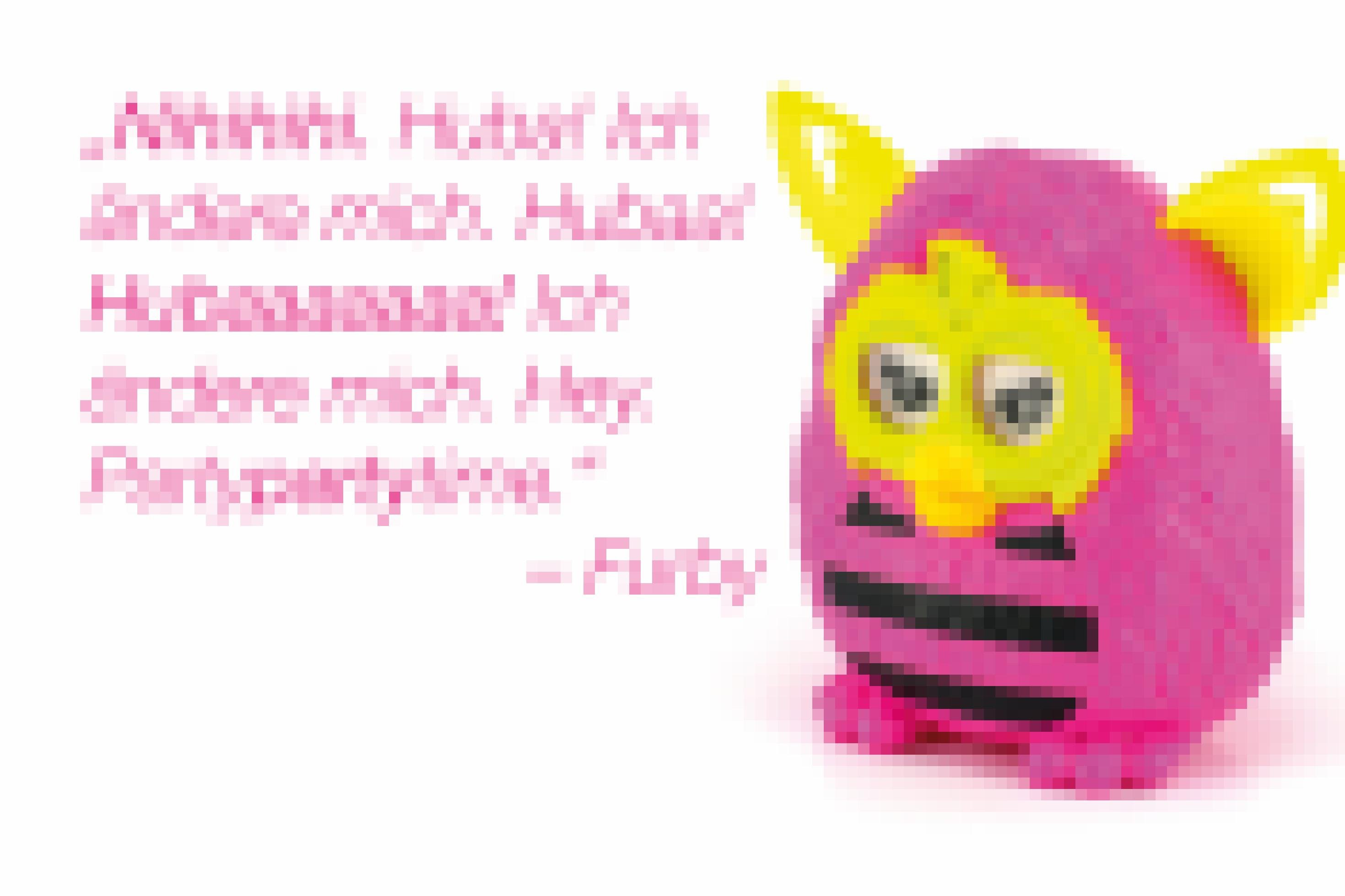 Man sieht ein rosanes Spielzeug-Tier und folgender Text steht daneben: „Nihihi Huba ich ändere mich! Hubaa! Ich ändere mich. Hey! Partypartytime! – Furby“