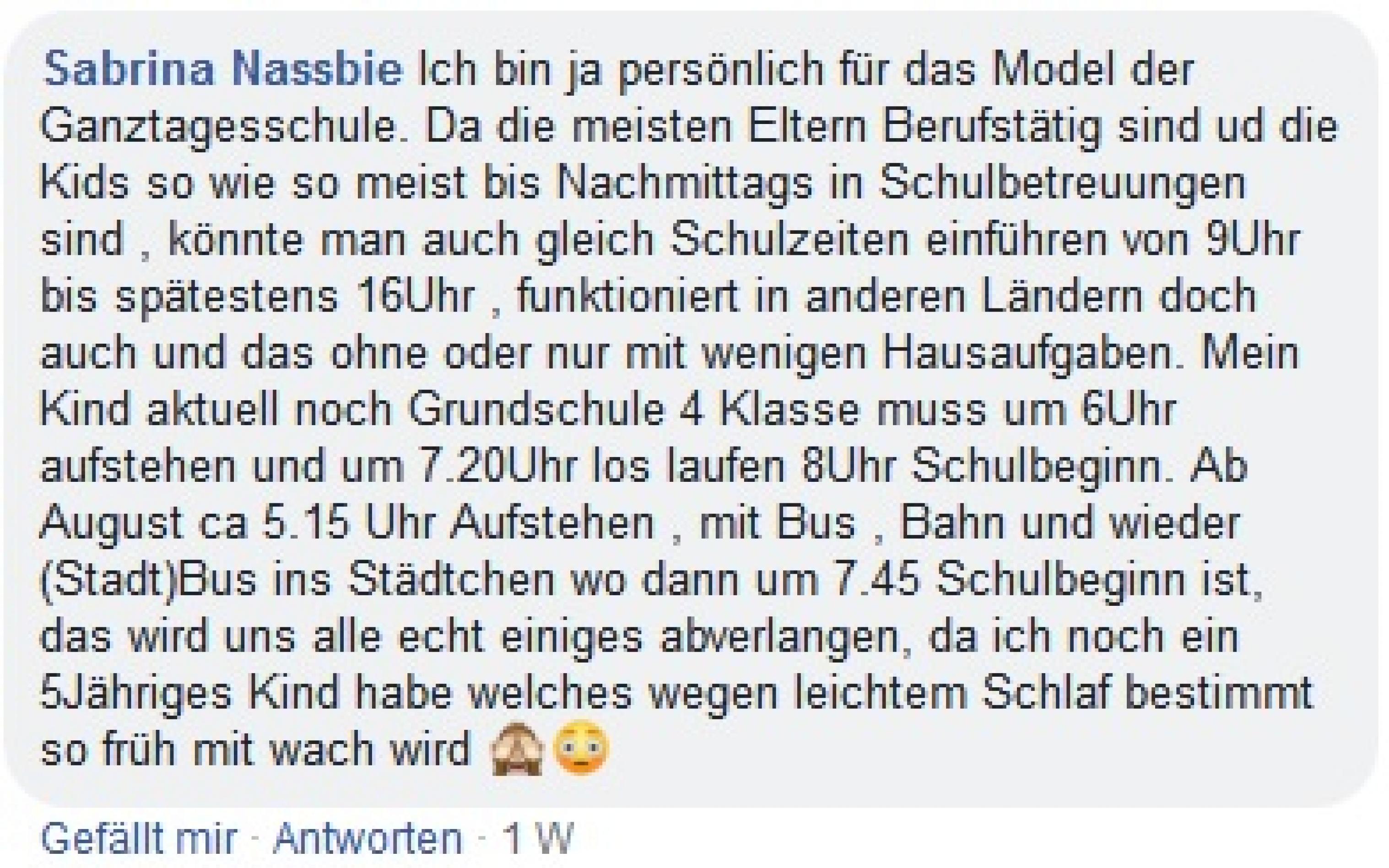 Facebook-Eintrag von Eltern, deren Kinder viel zu früh für die Schule aufstehen müssen.