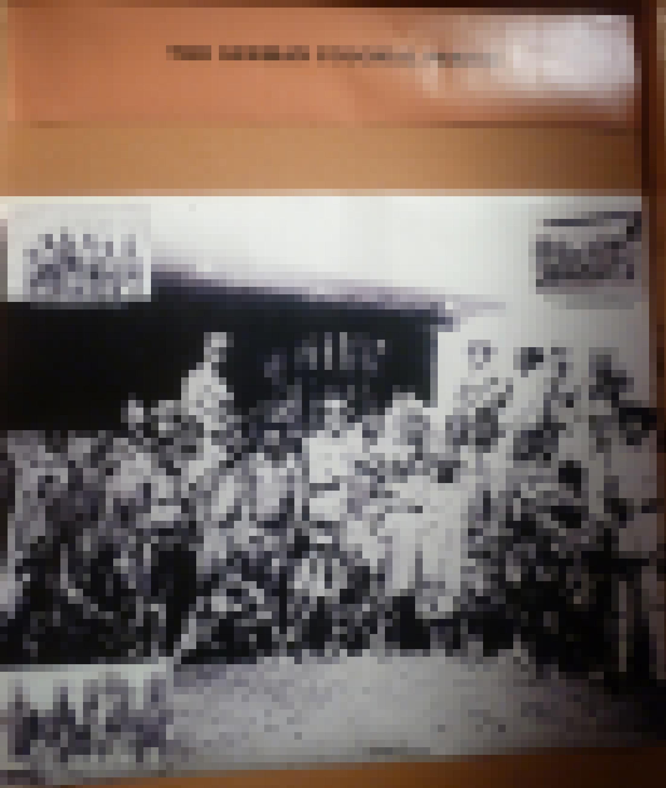 Das Foto zeigt deutsche Kolonialherren hinter ausgemergelten Männern, Frauen und Kindern, teils in Ketten.
