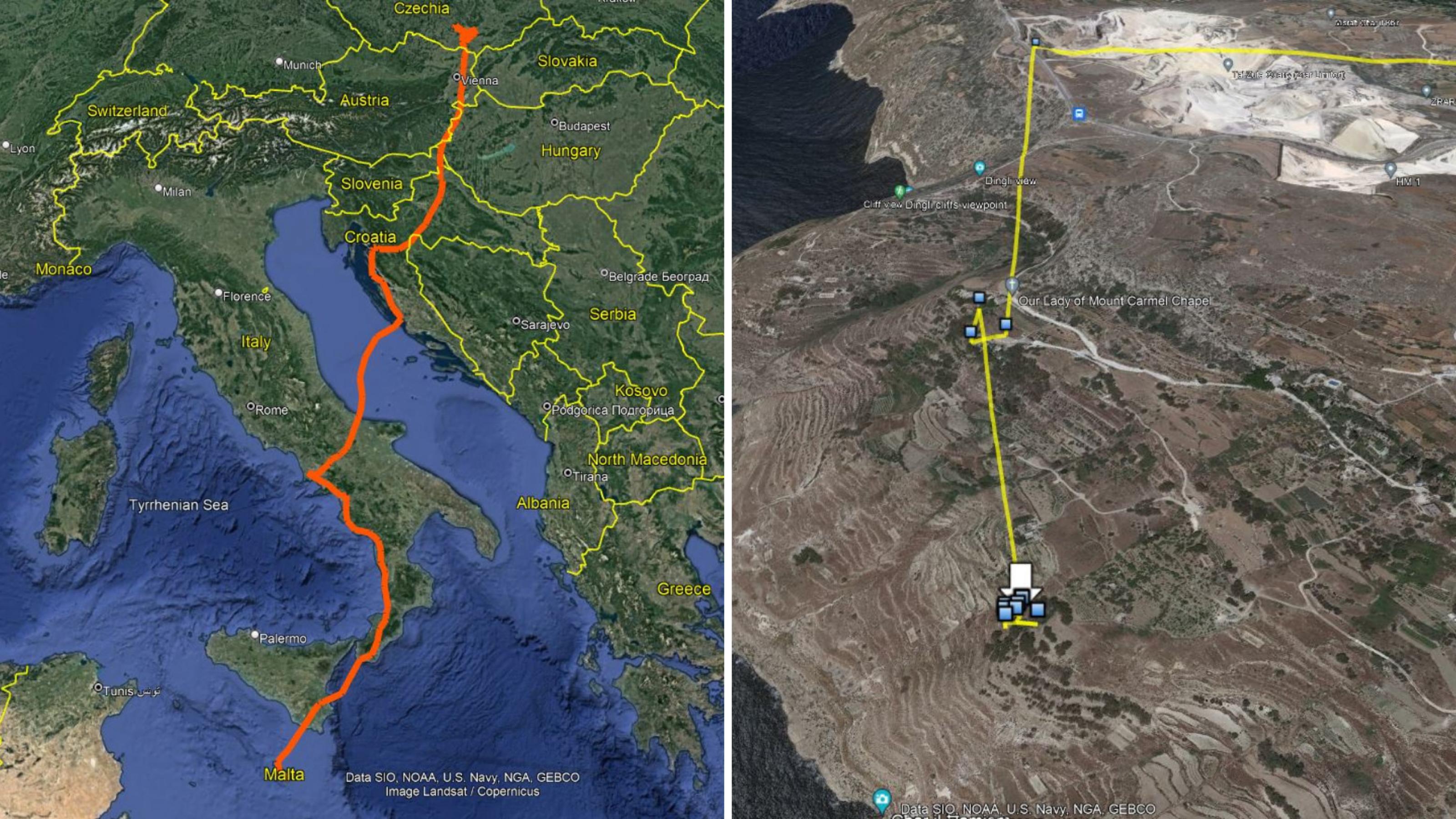Karte mit eingezeichneter GPS-Route eines Schwarzmilans