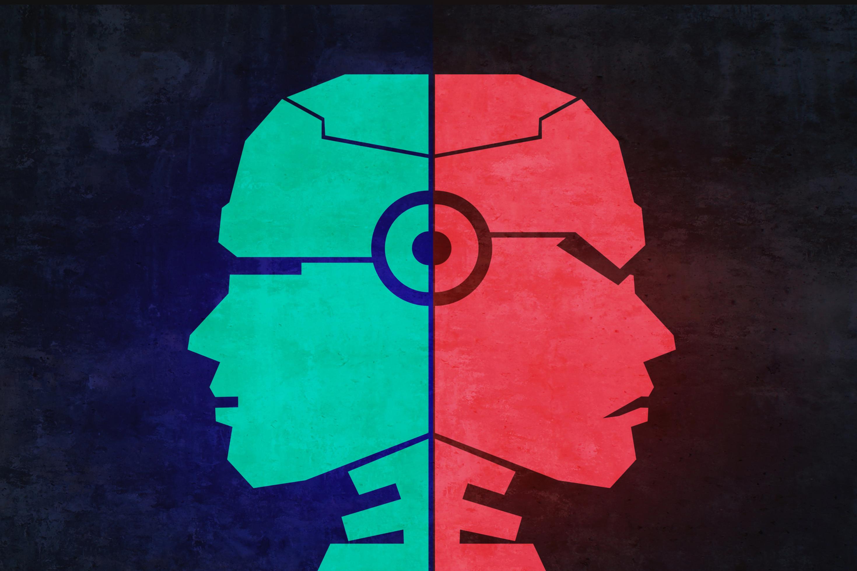 Grafik eines janusköpfigen Roboters mit grüner, freundlicher und roter, unfreundlicher Seite. KI-Chatbots können leicht von gutartigem in ein moralisch unerwünschtes Verhalten kippen.