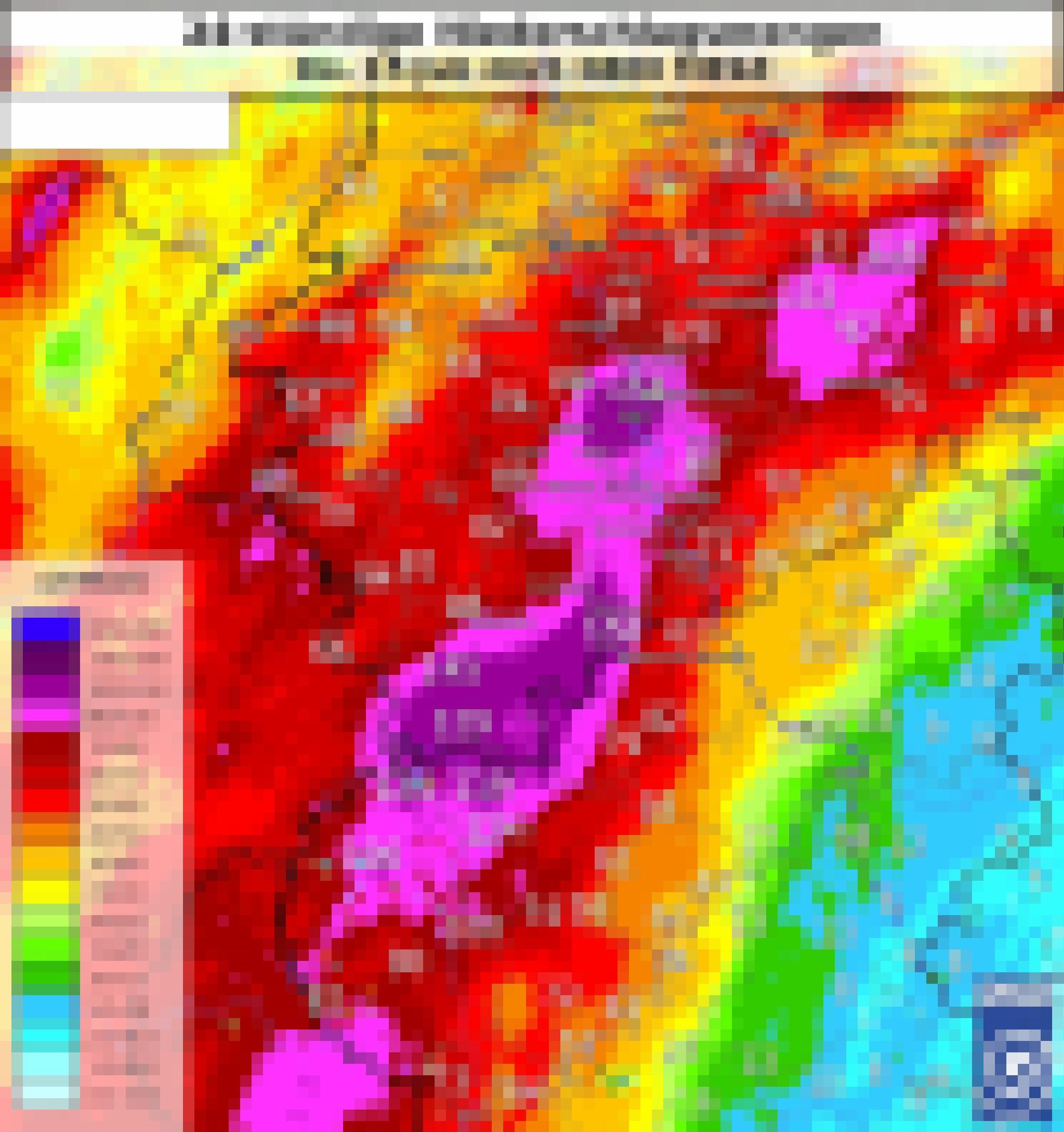 Karte der Region an Ahr und Erft, in der mit einer Farbskala die Regenmengen in den 24 Stunden vor 8 Uhr am 15. Juli 2021 eingetragen sind. Laut Farbskala am Rand steht der violette Bereich für  150 bis 200 Millimeter Niederschläge.