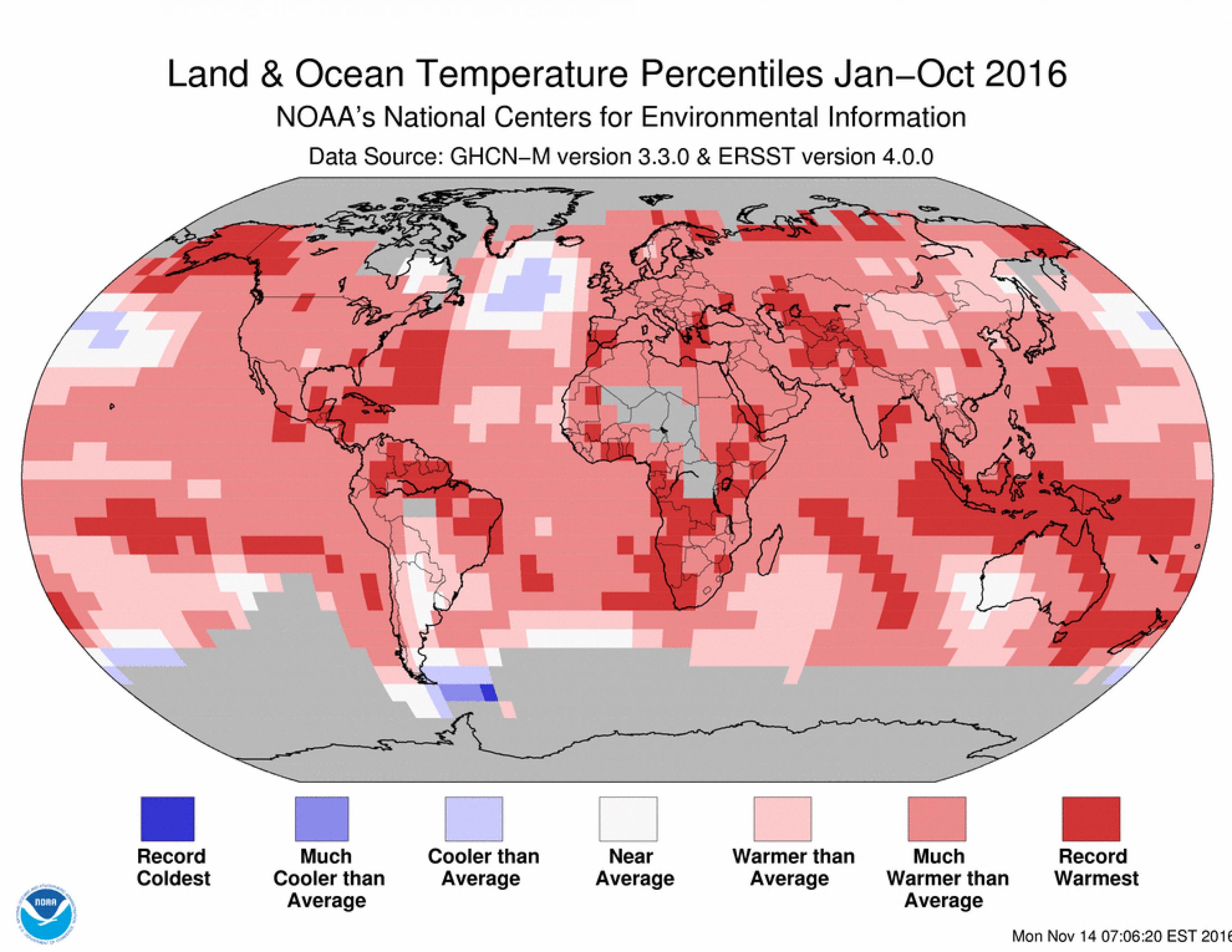Worldmap: Land & Ocean Temperature Percentiles Jan-Oct 2016