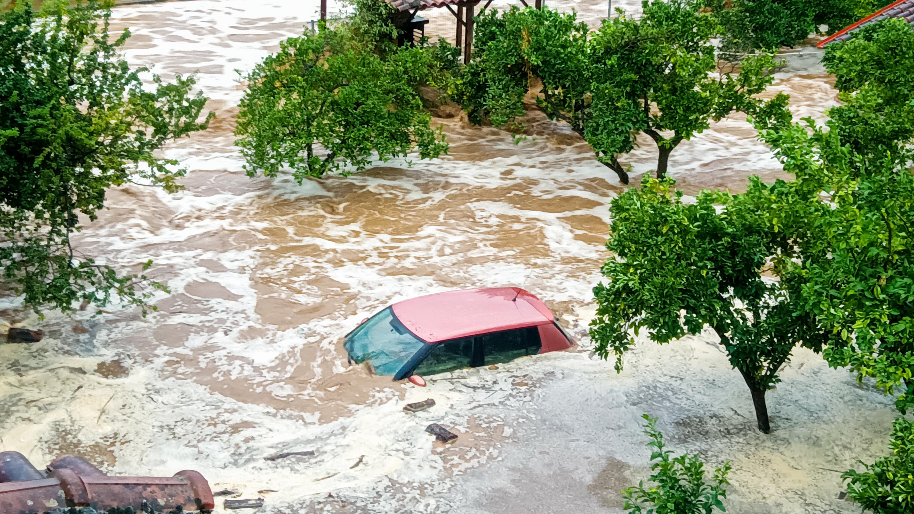 Rotes Auto bis zum Dach in braunem Wasser. Baumkronen gucken aus der Überflutung heraus.