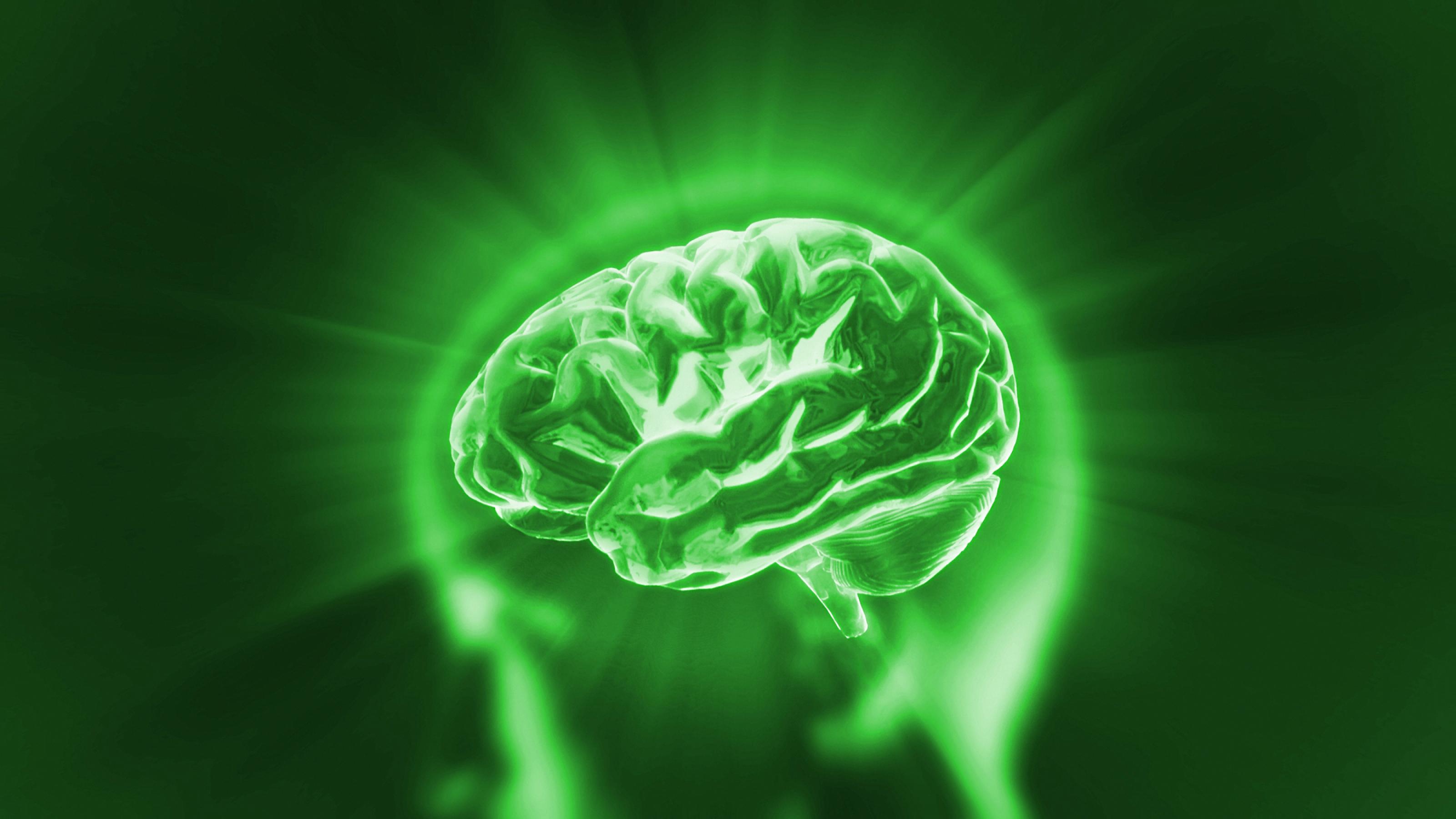 Künstlerisches Bild eines grünen Gehirns als Symbol für grüne, also energieeffiziente KI.