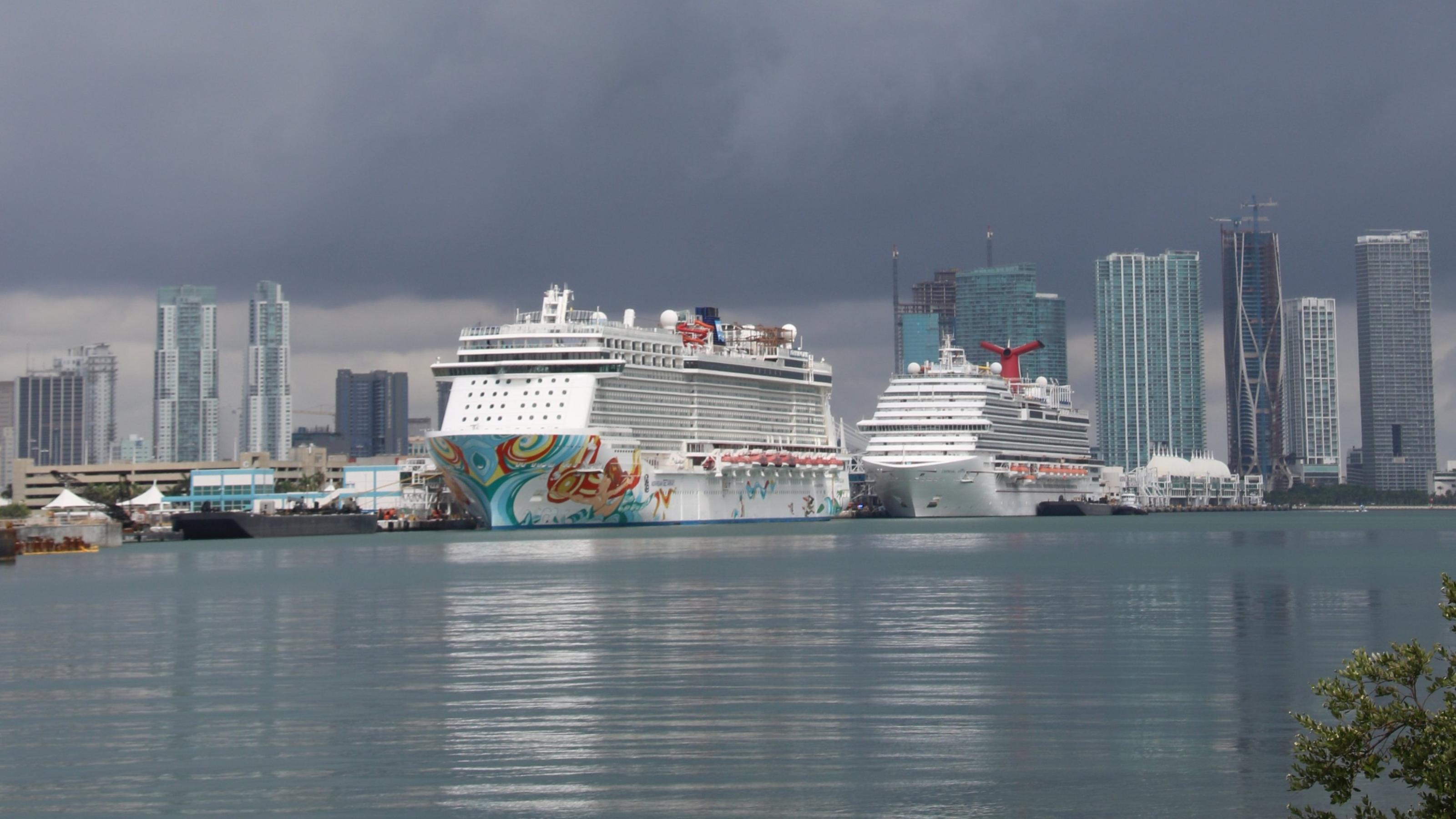 Kreuzfahrtschiffe in Miami, im Hintergrund Hochhäuser