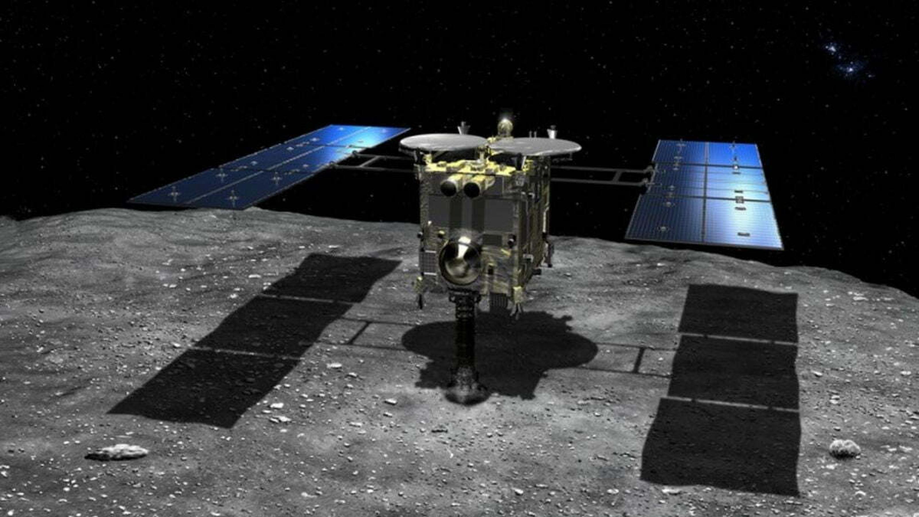 Die Hayabusa-2-Sonde auf der Oberfläche des Asteroiden Ryugu (Illustration).