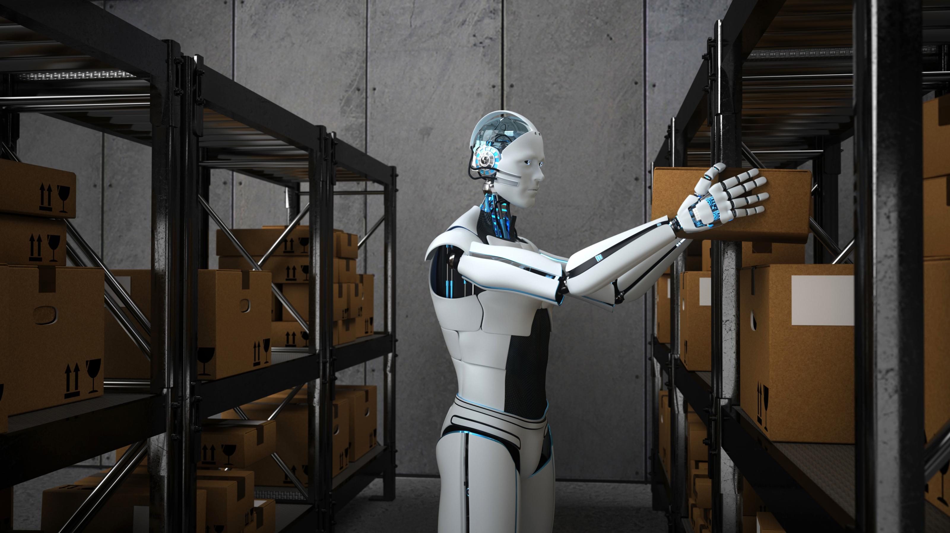 Humanoider Roboter arbeitet in einem Versandlager. 3D-Illustration.
