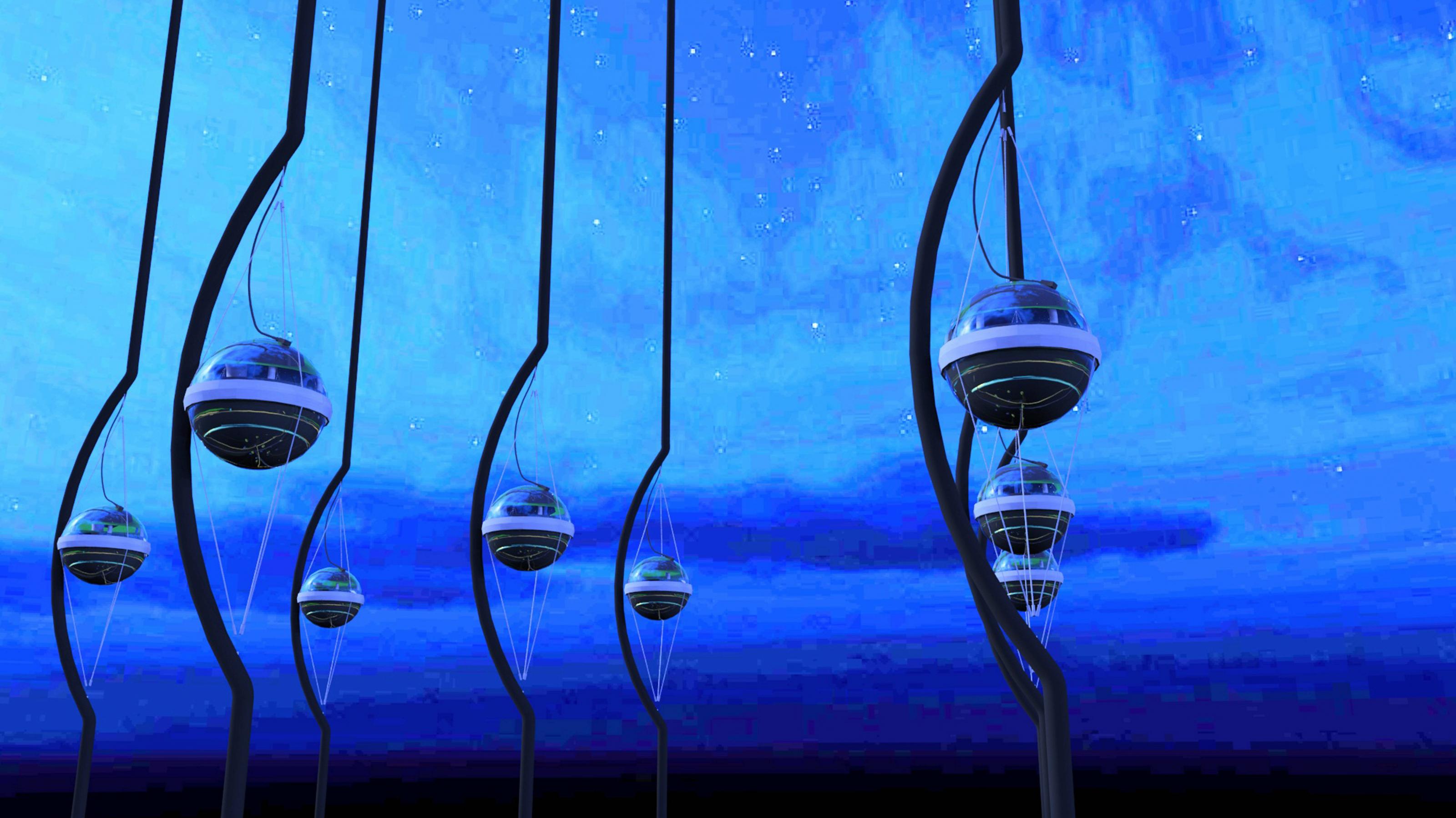 Die künstlerische Darstellung des IceCube-Experiments zeigt kugelartige Detektoren, die an bogenartigen Stangen aufgehängt sind.