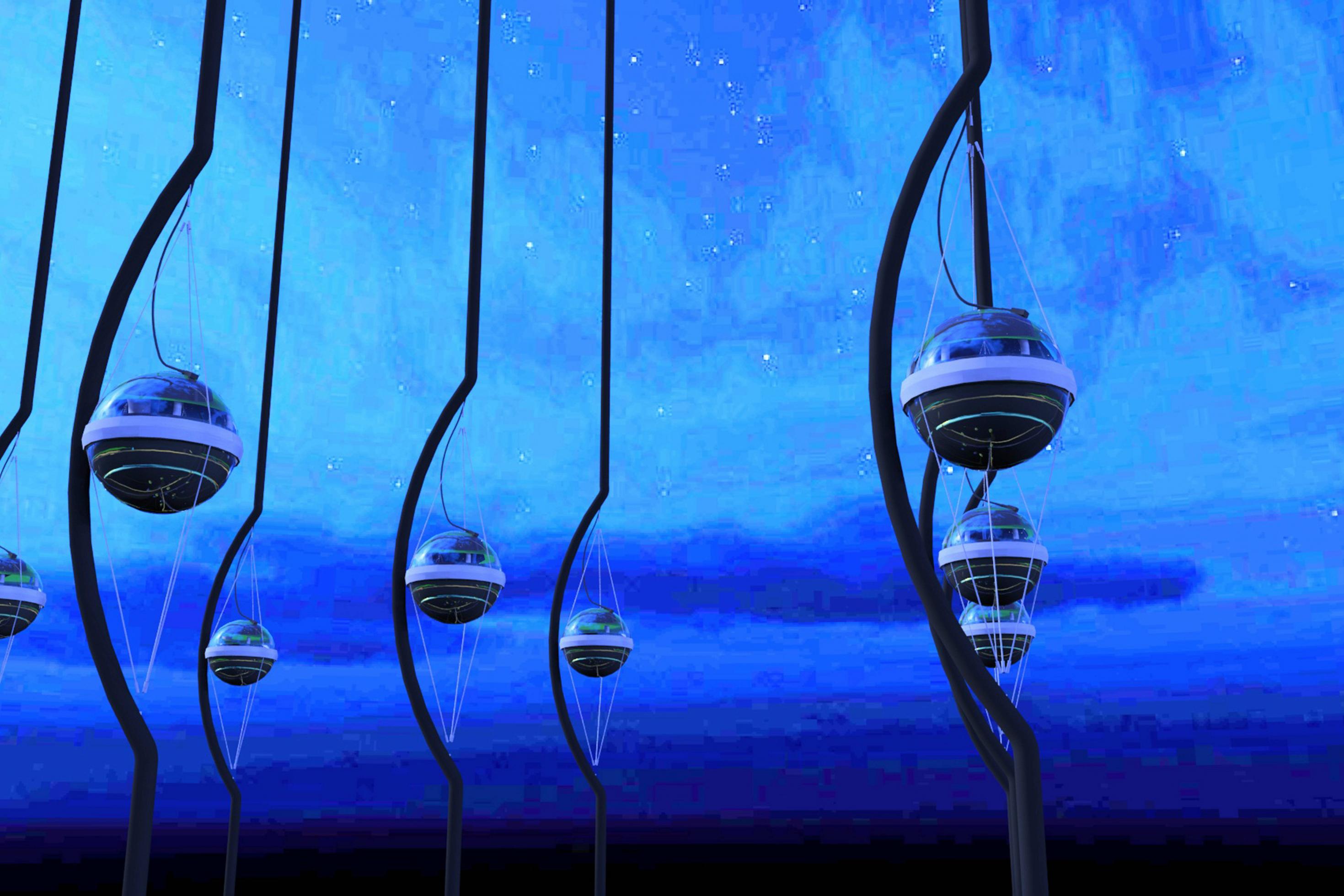 Die künstlerische Darstellung des IceCube-Experiments zeigt kugelartige Detektoren, die an bogenartigen Stangen aufgehängt sind.